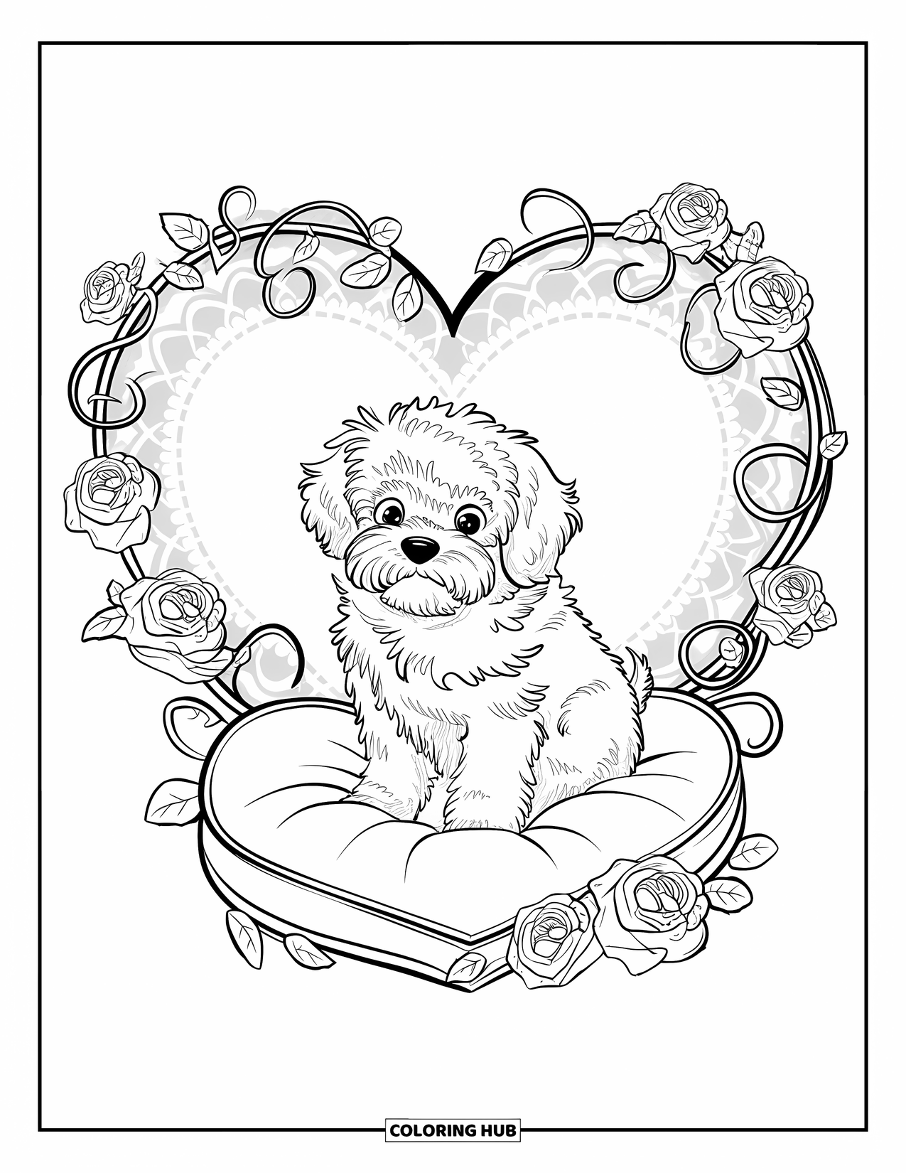 Puppy Valentines Day Coloring Page for Adults: A puppy on a cushion framed by lace hearts and roses