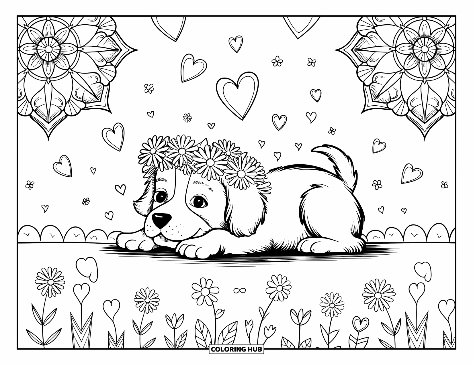 Puppy Valentines Day Coloring Page for Adults: A puppy with flowers on its head lies among Valentine mandalas