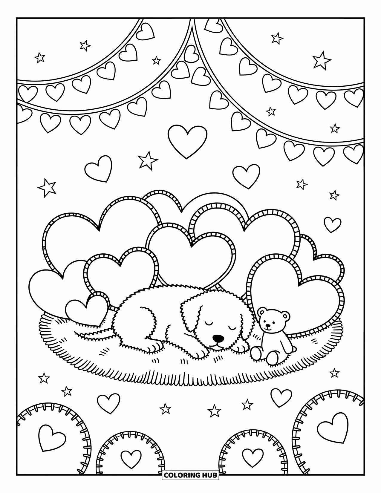 Puppy Valentines Day Coloring Page for Adults: A sleepy puppy snuggles with heart pillows and a small teddy