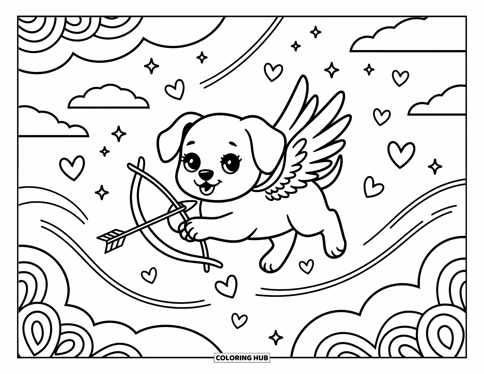 Puppy Valentines Day Coloring Page for Adults: A sweet angel puppy floats through clouds and sparkling hearts