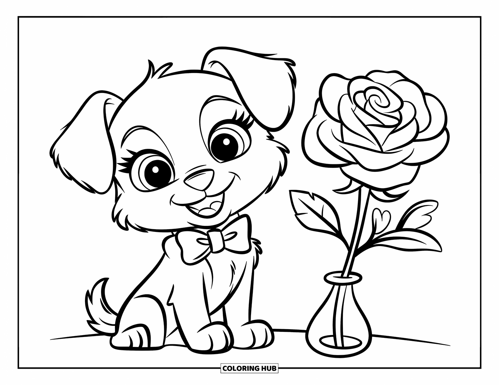 Puppy Valentines Day Coloring Page for Kids: A bowtie puppy poses beside a Valentine rose