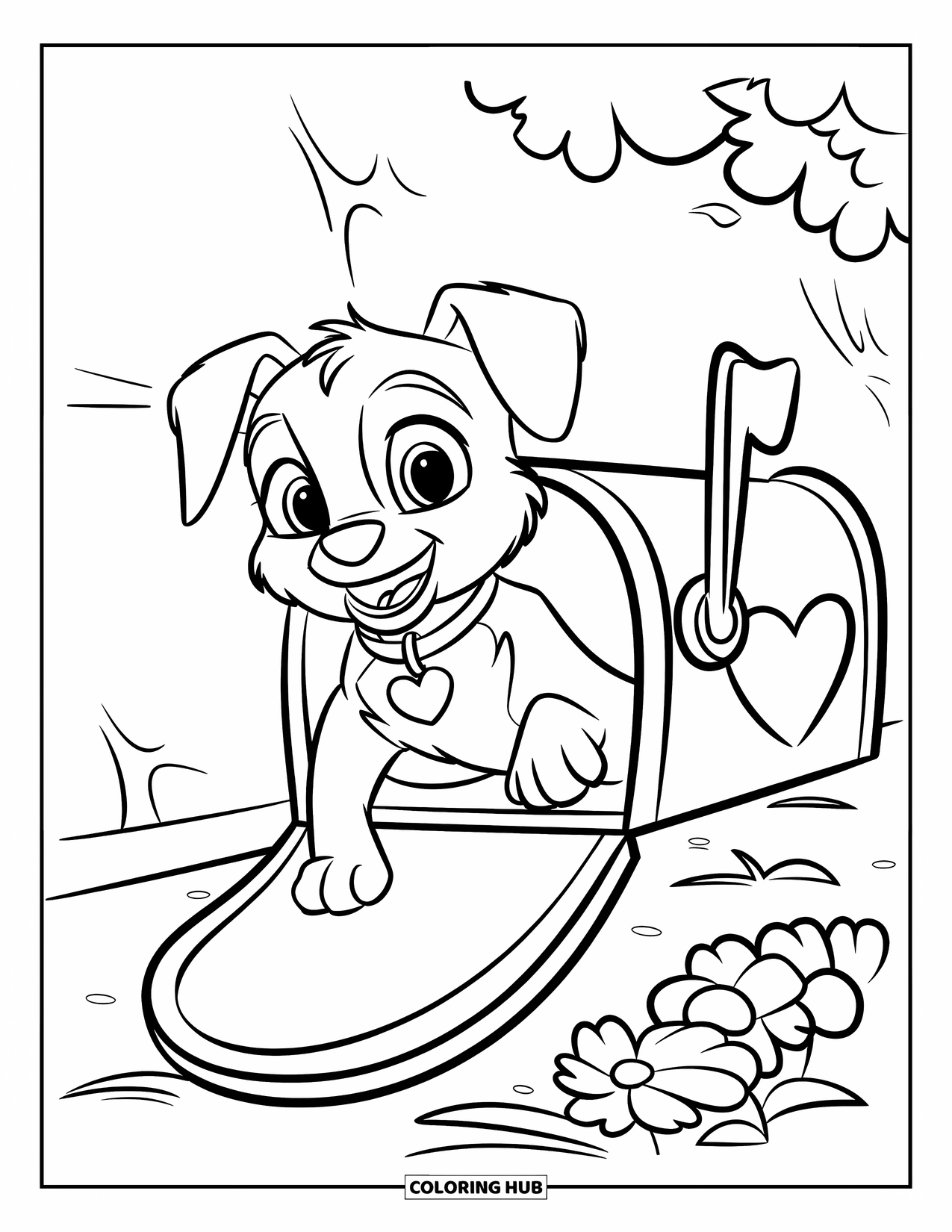 Puppy Valentines Day Coloring Page for Kids: A cheerful puppy peeks from a heart-shaped Valentine mailbox