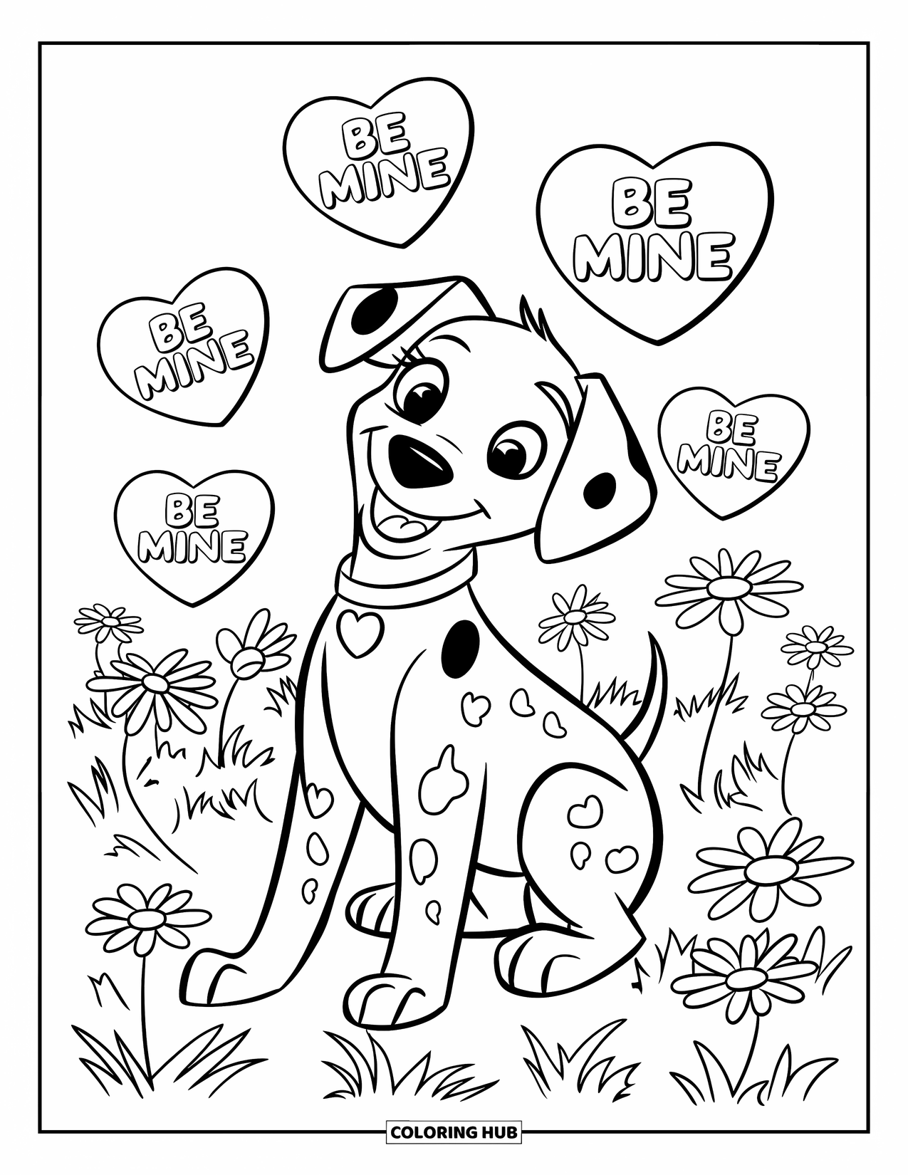 Puppy Valentines Day Coloring Page for Kids: A Dalmatian puppy enjoys a flower field with "Be Mine" hearts
