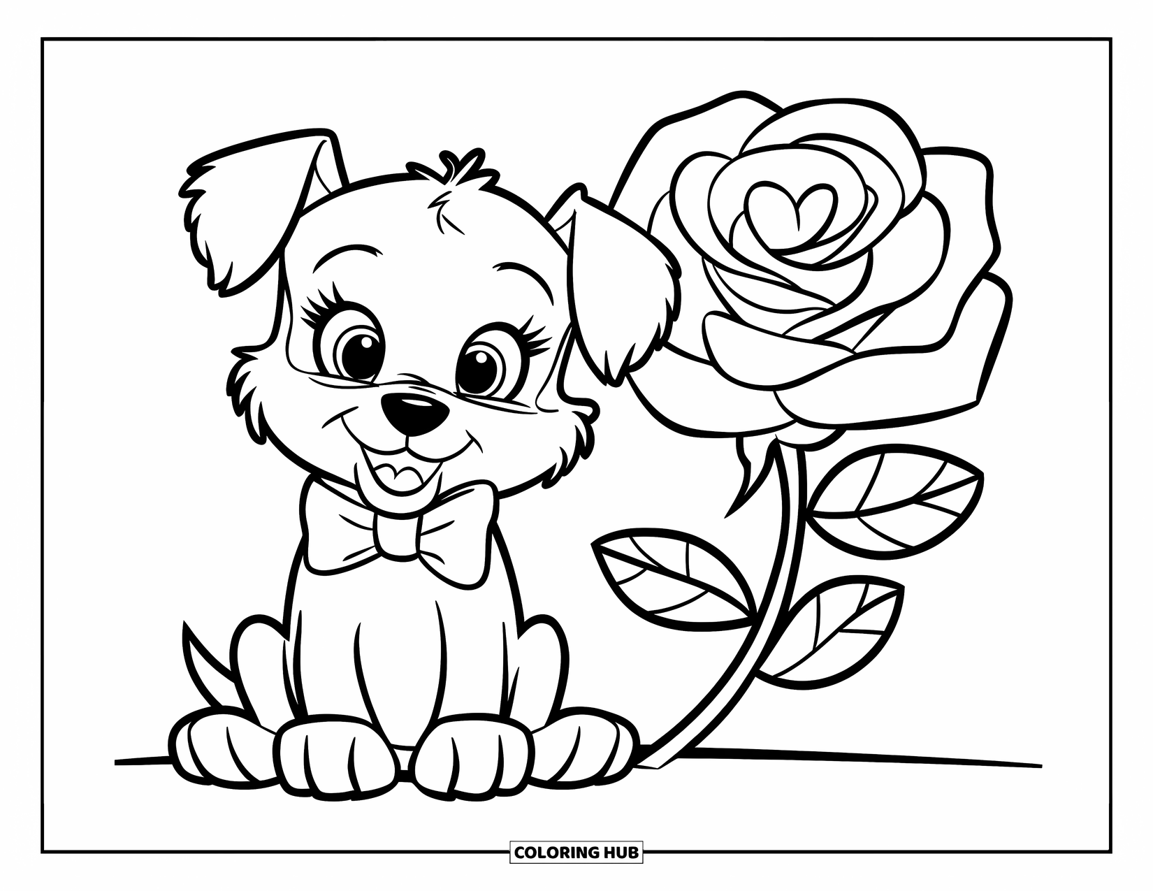 Puppy Valentines Day Coloring Page for Kids: A friendly puppy with a rose sits smiling on a clean white page
