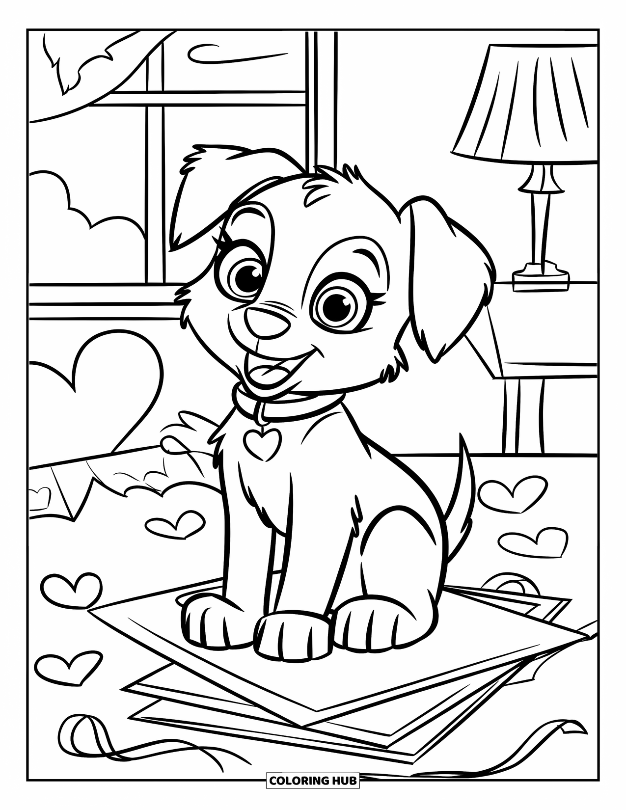Puppy Valentines Day Coloring Page for Kids: A happy puppy poses on love letters surrounded by hearts