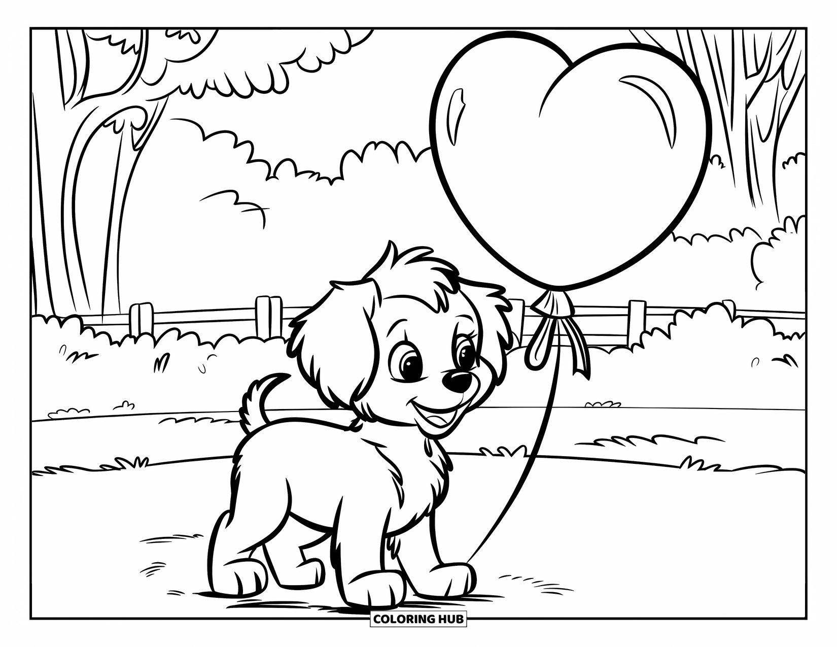 Puppy Valentines Day Coloring Page for Kids: A happy puppy stands by a red heart balloon and flowers