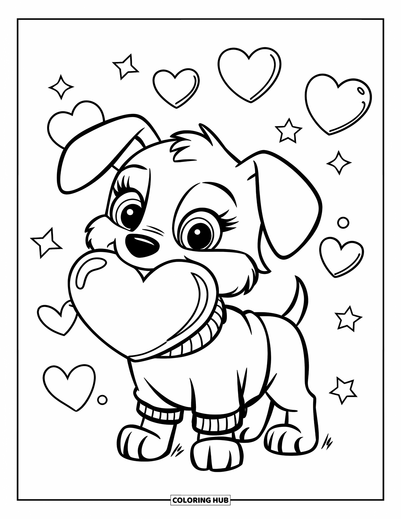 Puppy Valentines Day Coloring Page for Kids: A happy puppy with a heart balloon surrounded by stars and hearts