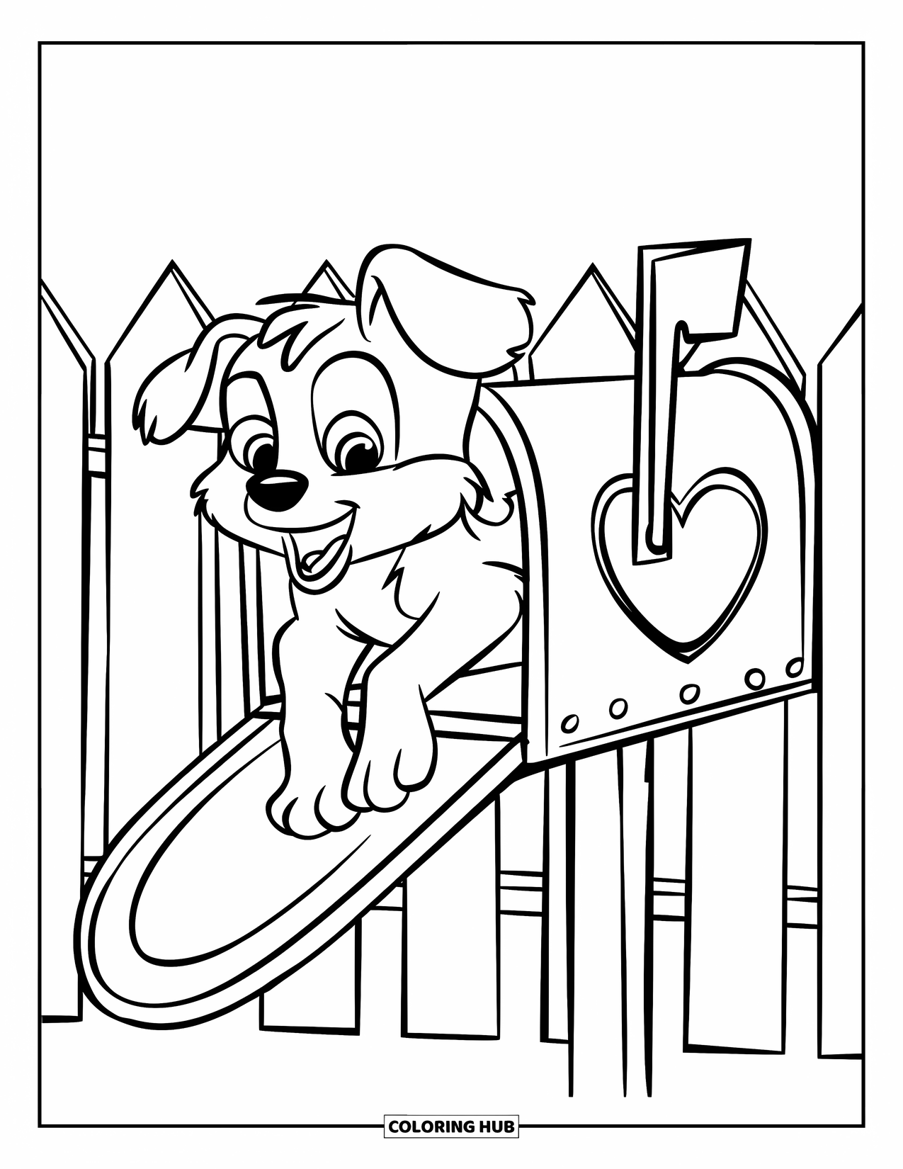 Puppy Valentines Day Coloring Page for Kids: A playful puppy peeks from a heart mailbox near a fence