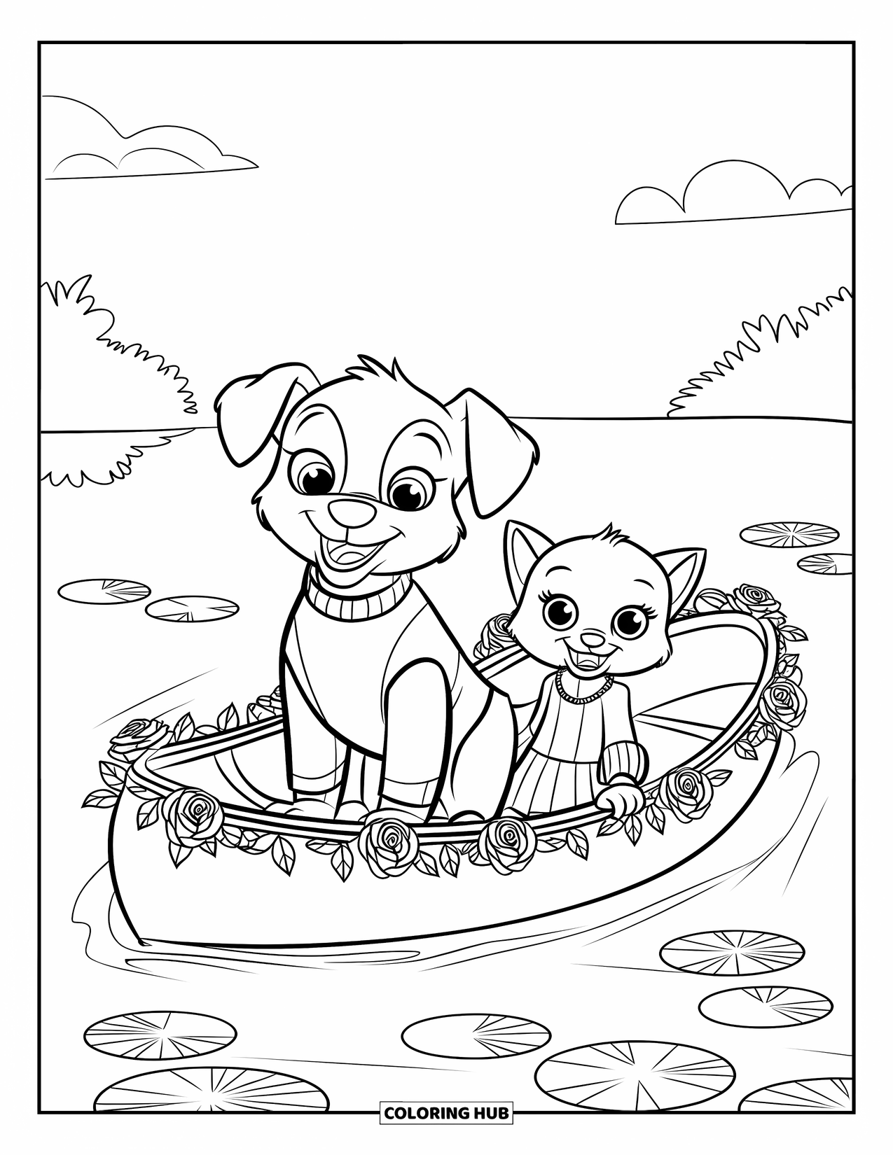 Puppy Valentines Day Coloring Page for Kids: A puppy and kitten drift in a rose-covered heart-shaped boat