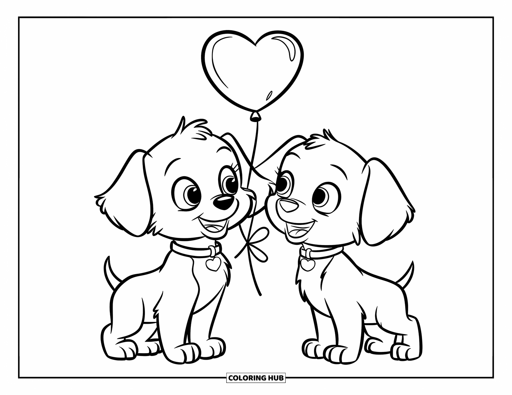 Puppy Valentines Day Coloring Page for Kids: A puppy gives another a heart balloon tied to its collar