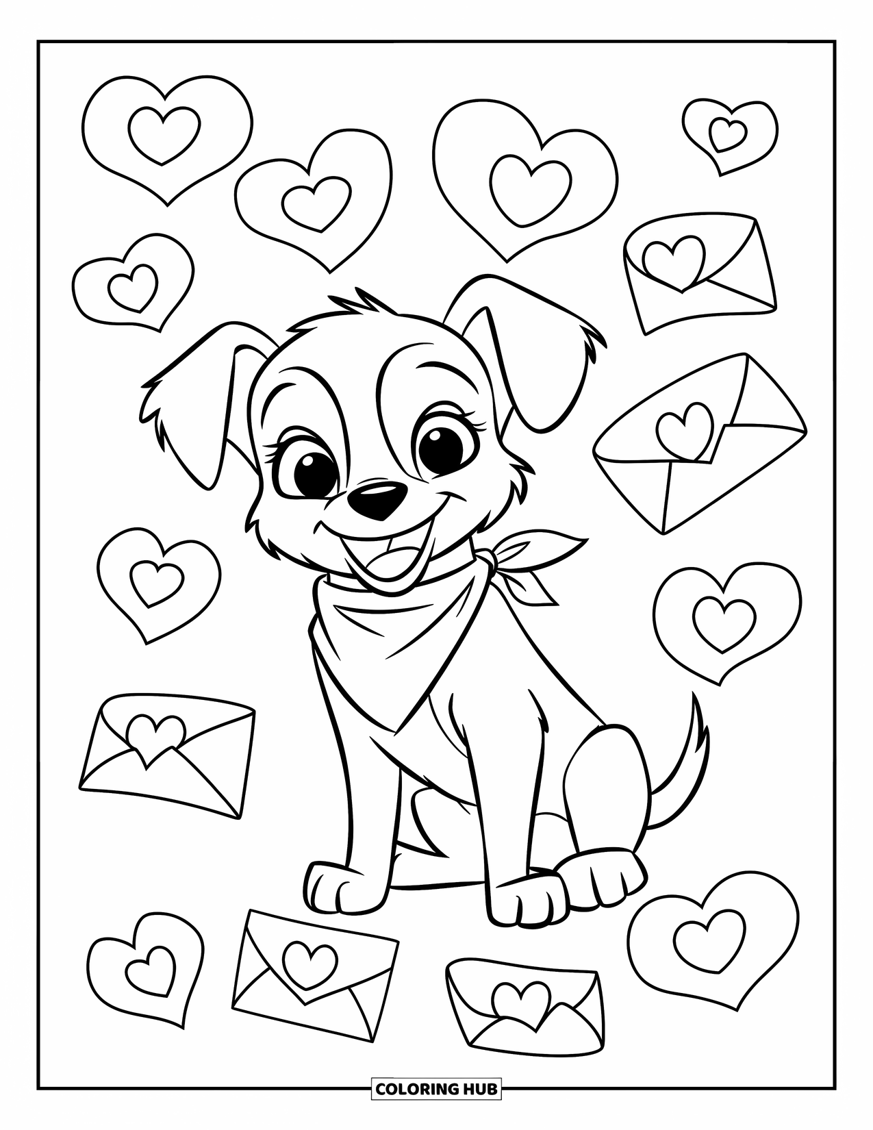 Puppy Valentines Day Coloring Page for Kids: A puppy in a bandana sits among love letters and hearts