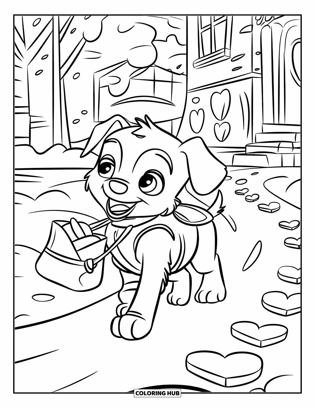 Puppy Valentines Day Coloring Page for Kids: A puppy in a vest carries love letters down a snowy path