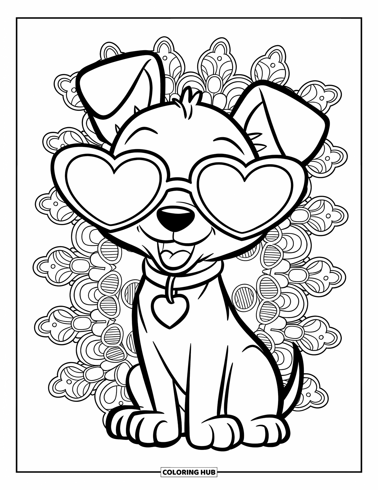Puppy Valentines Day Coloring Page for Kids: A puppy in heart sunglasses sits on lace with a heart tag