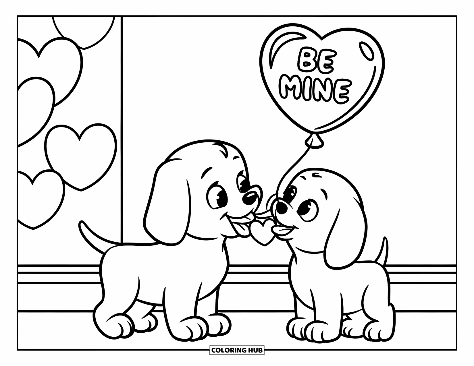 Puppy Valentines Day Coloring Page for Kids: A puppy offers a "Be Mine" heart balloon to a friend