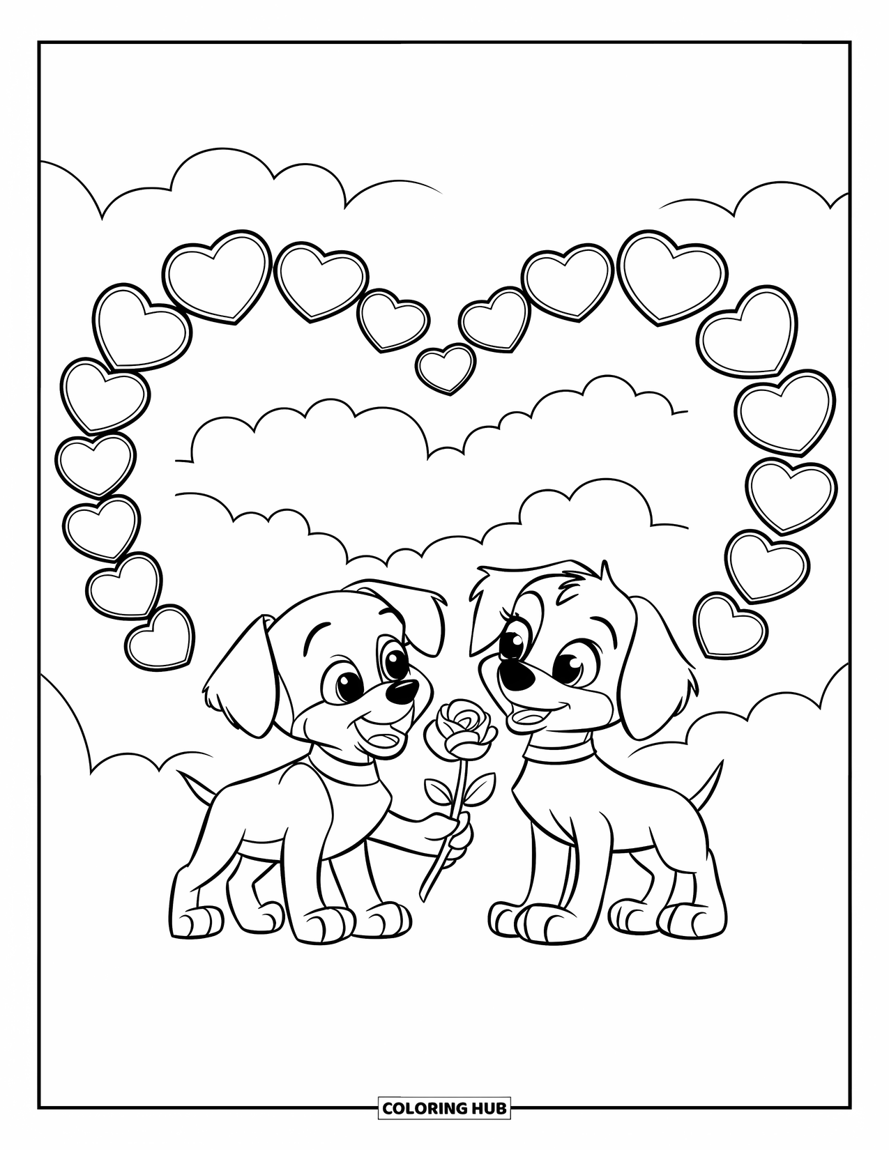 Puppy Valentines Day Coloring Page for Kids: A puppy offers a rose under a heart arch of red hearts
