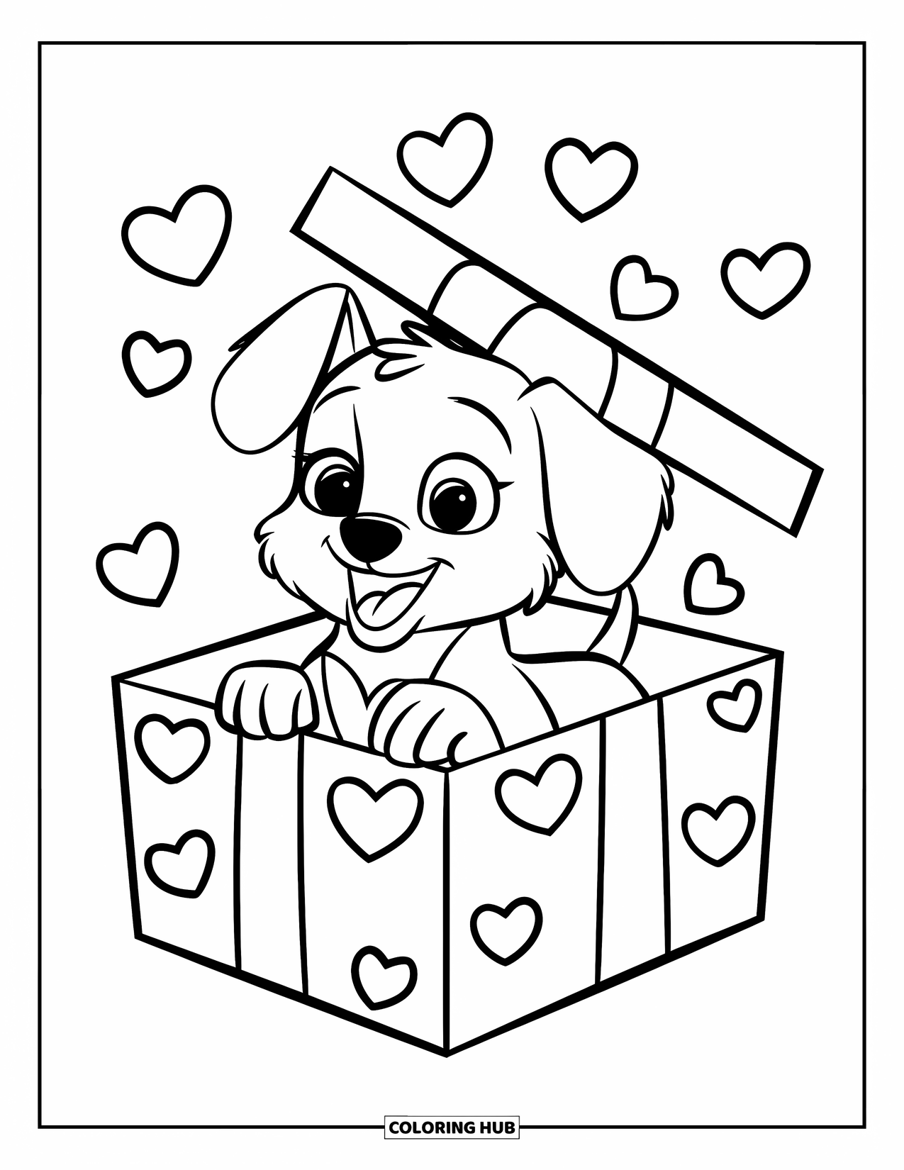 Puppy Valentines Day Coloring Page for Kids: A puppy peeks from a heart box with floating hearts around
