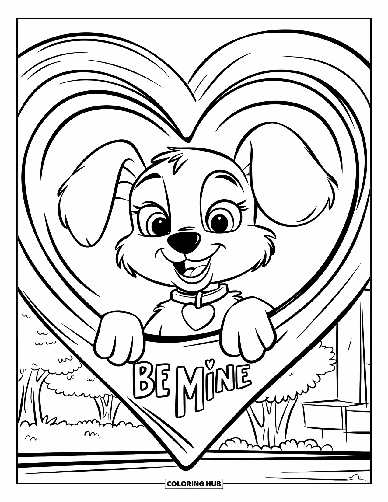 Puppy Valentines Day Coloring Page for Kids: A puppy peeks from a heart-shaped Valentine window that says "Be Mine"