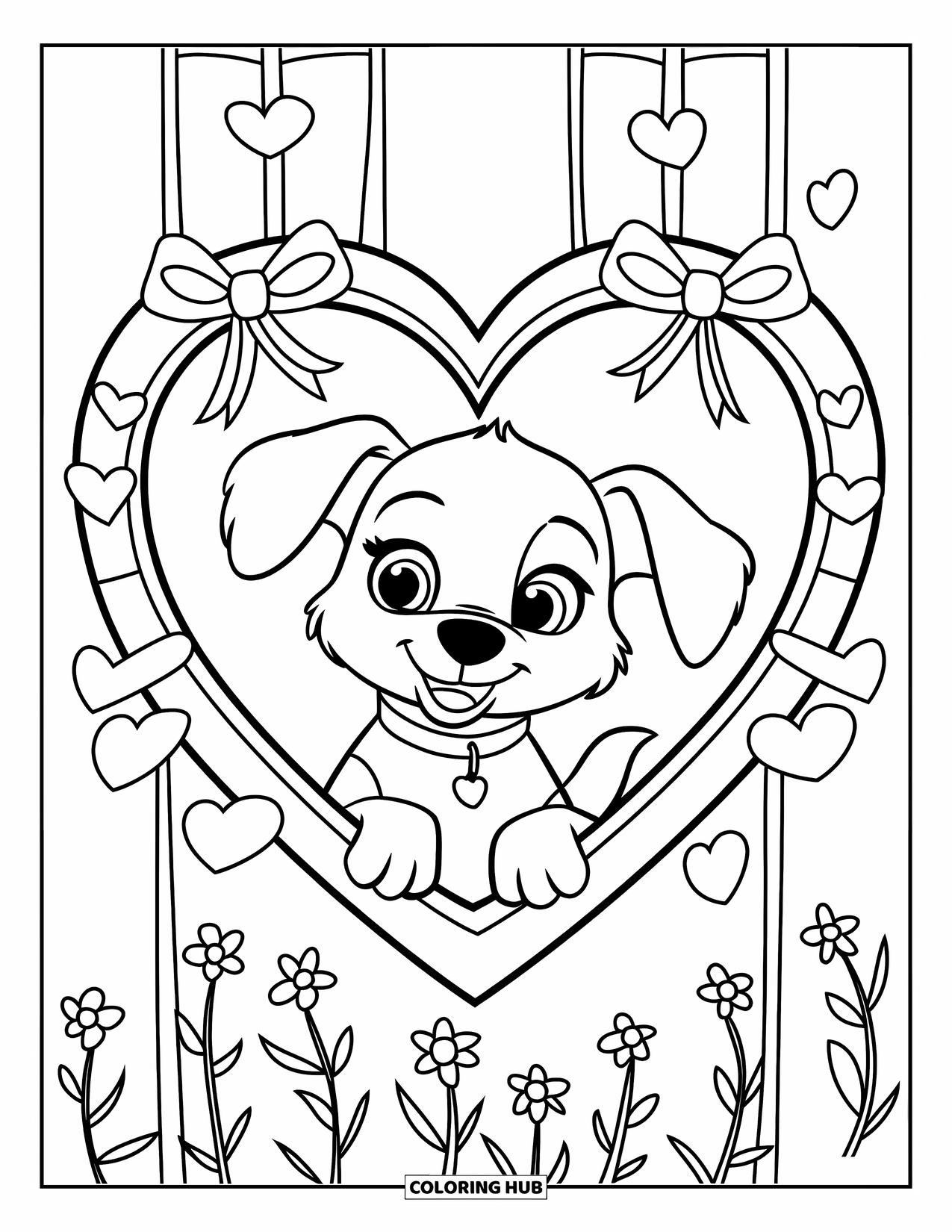 Puppy Valentines Day Coloring Page for Kids: A puppy peeks from a heart window surrounded by flowers and ribbons