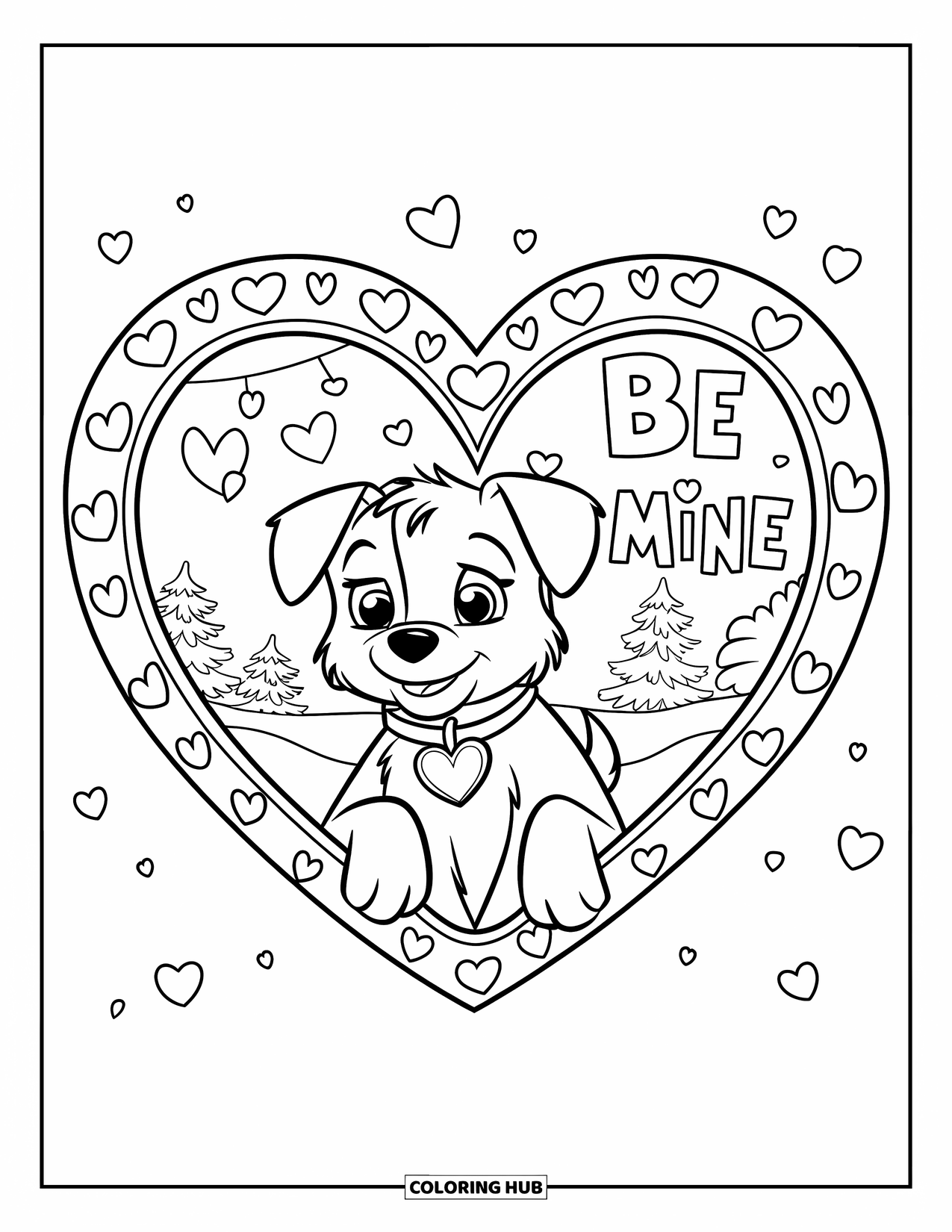 Puppy Valentines Day Coloring Page for Kids: A puppy smiles from a snowy heart window that reads "Be Mine"