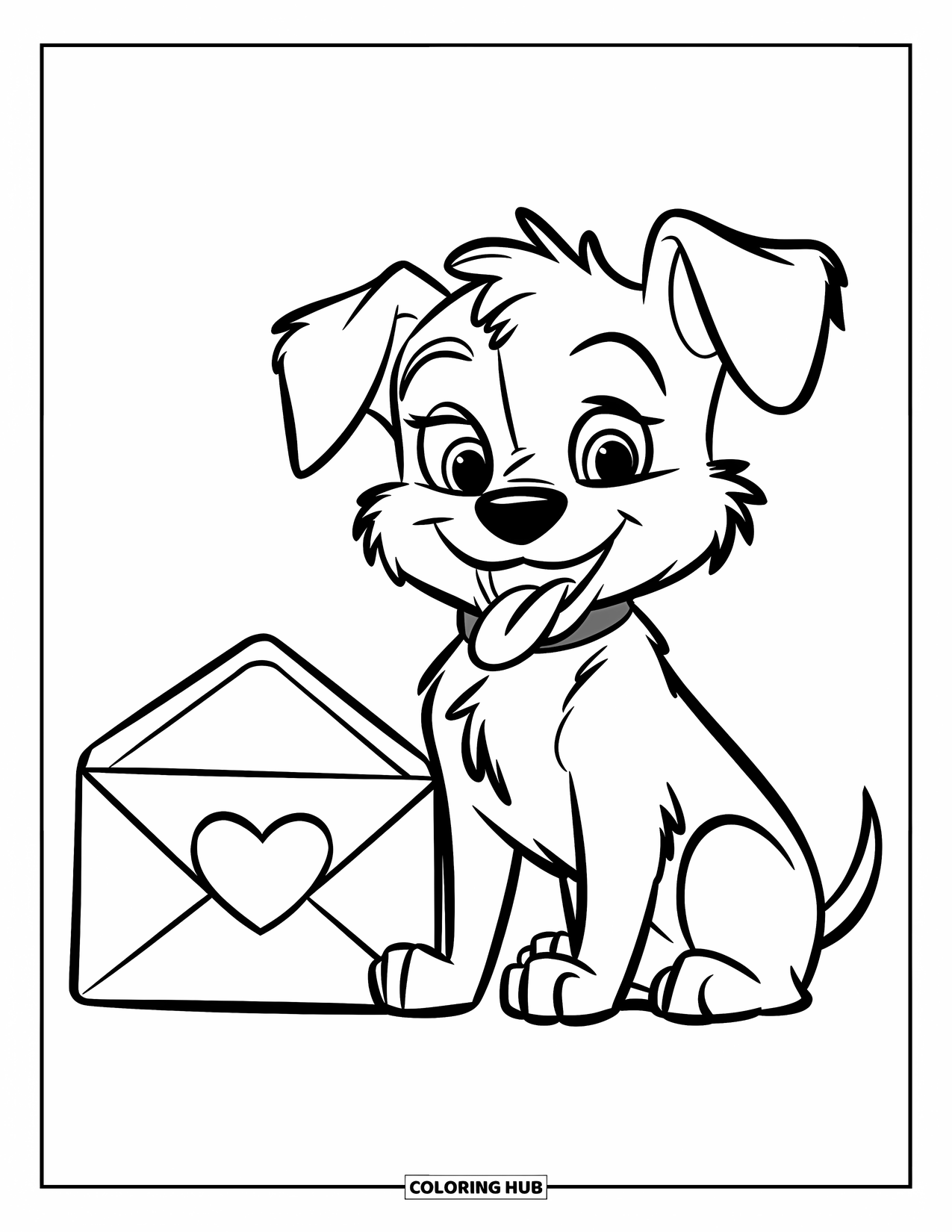 Puppy Valentines Day Coloring Page for Kids: A puppy smiles next to an envelope with a heart on it
