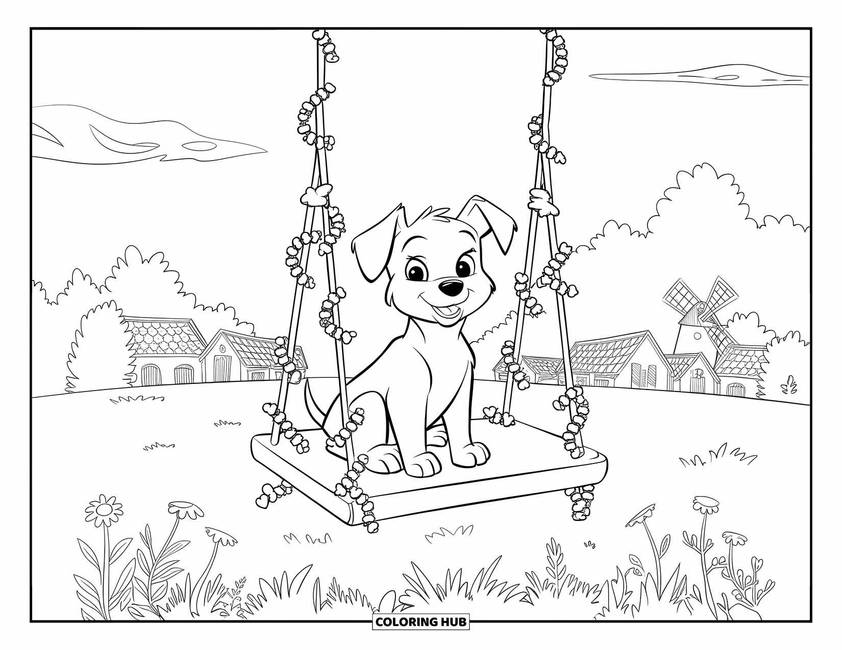 Puppy Valentines Day Coloring Page for Kids: A puppy swings in a meadow near a cozy village view