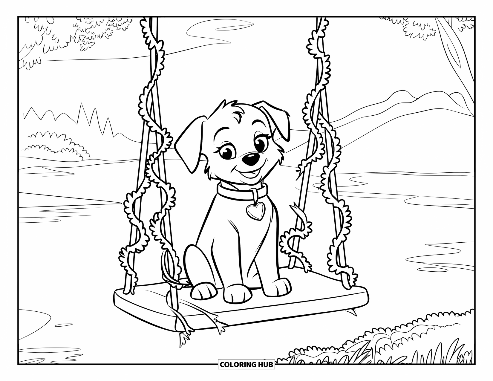 Puppy Valentines Day Coloring Page for Kids: A puppy swings on a garland-wrapped swing wearing a heart collar