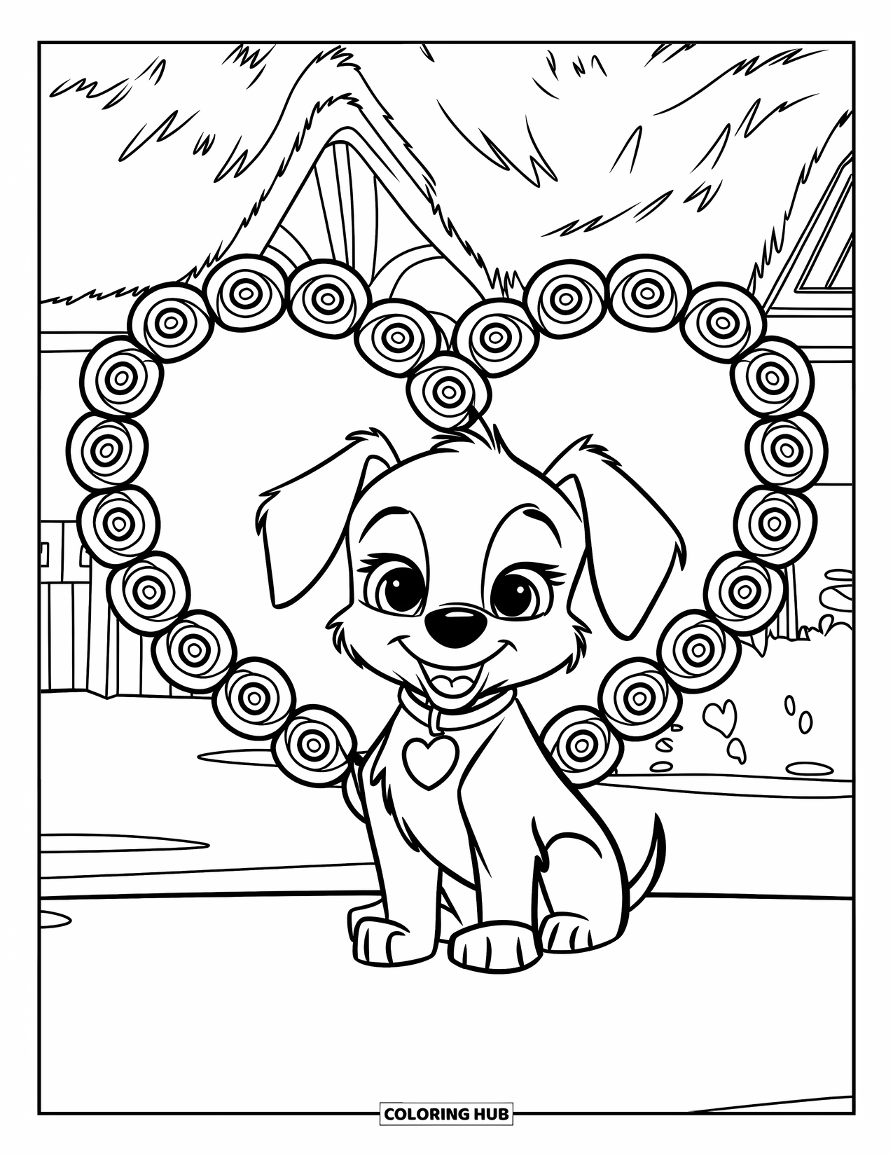 Puppy Valentines Day Coloring Page for Kids: A sweet puppy rests before a heart of roses and a cottage view