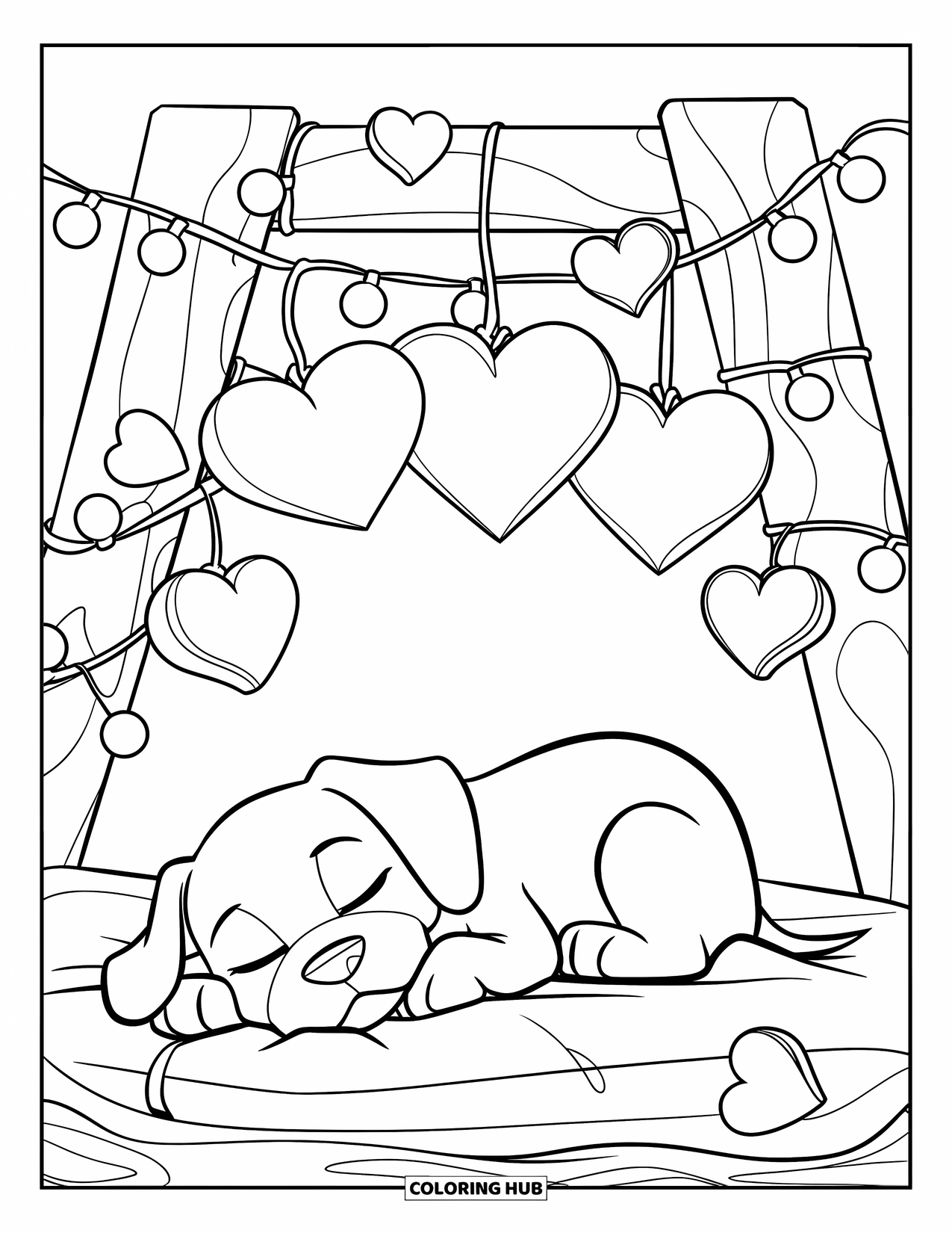 Puppy Valentines Day Coloring Page for Kids: A tired puppy snoozes under string lights and Valentine hearts