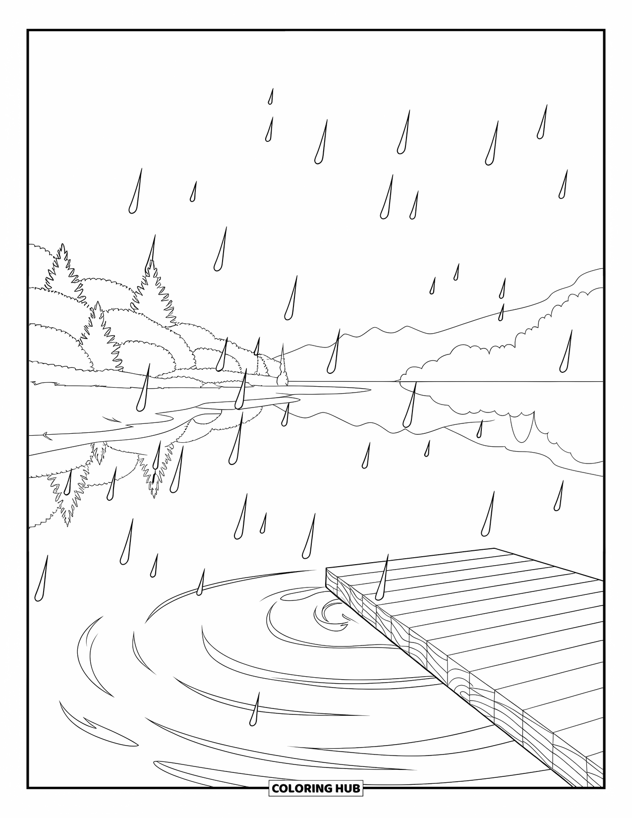 Rain Coloring Page for Adults: A calm lakeside scene with raindrops rippling near a wooden dock