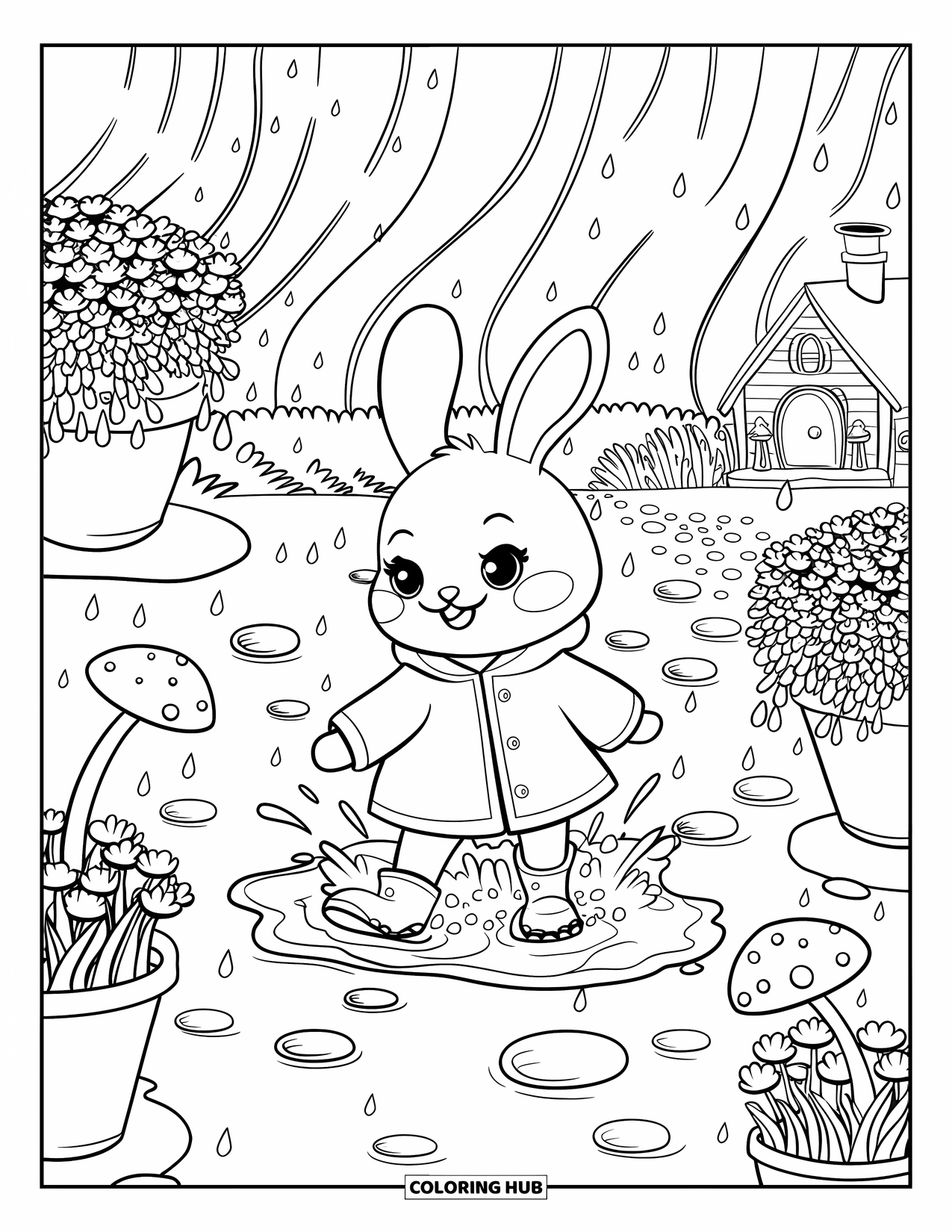 Rain Coloring Page for Adults: A cute bunny in a raincoat splashes in puddles surrounded by flowers