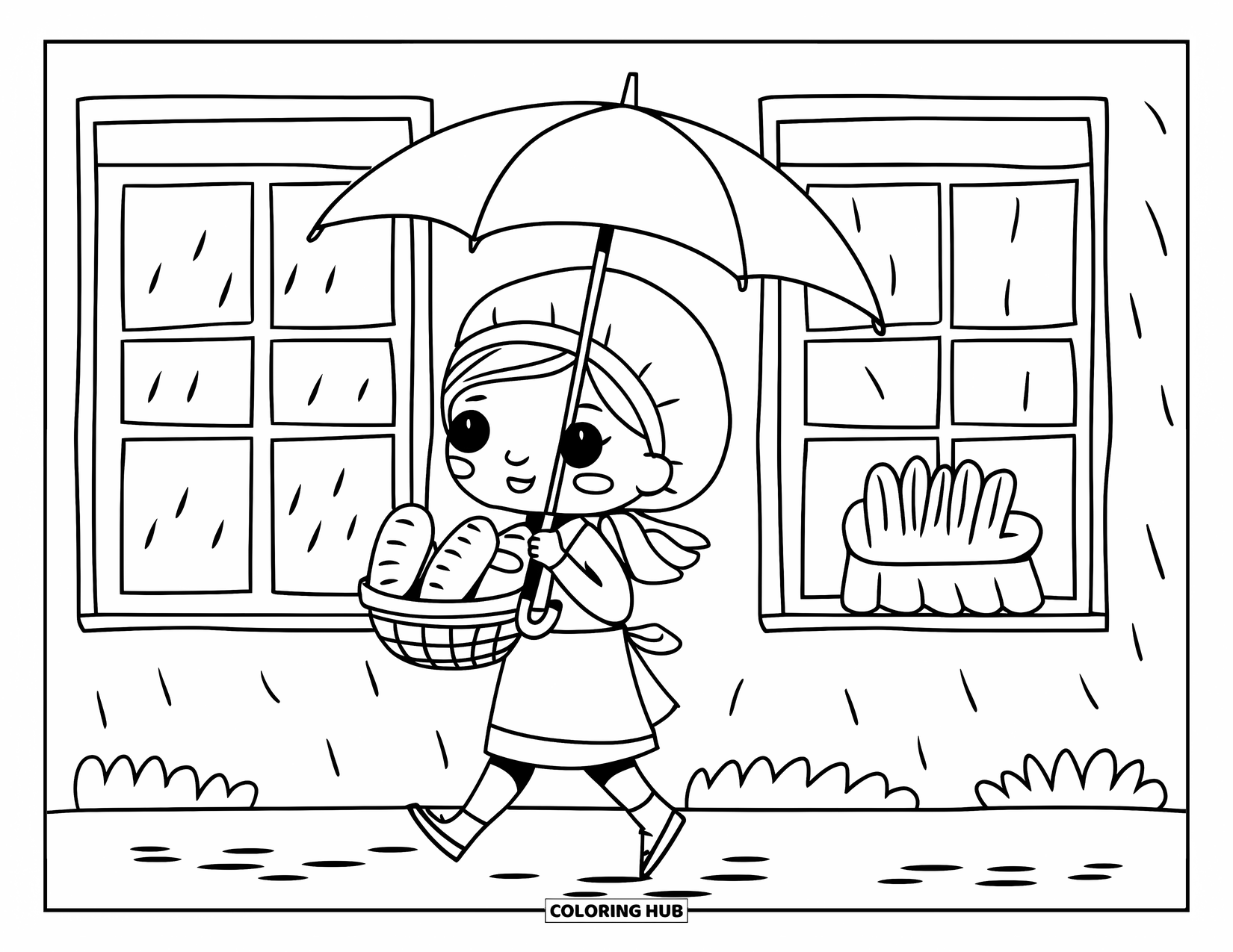 Rain Coloring Page for Adults: A cute chibi baker walks in rain carrying bread beneath an umbrella