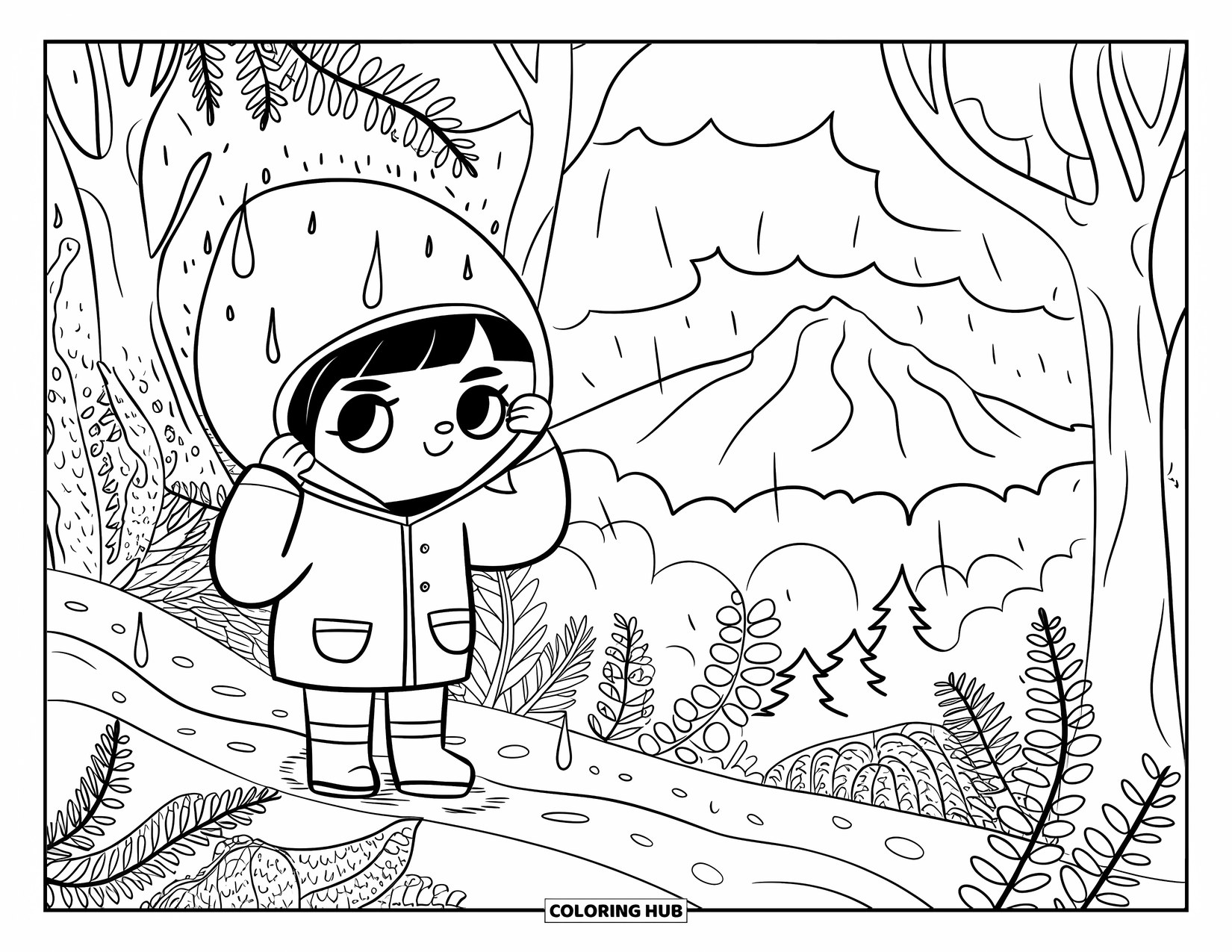 Rain Coloring Page for Adults: A kawaii chibi hiker adjusts their hood as rain falls in the forest