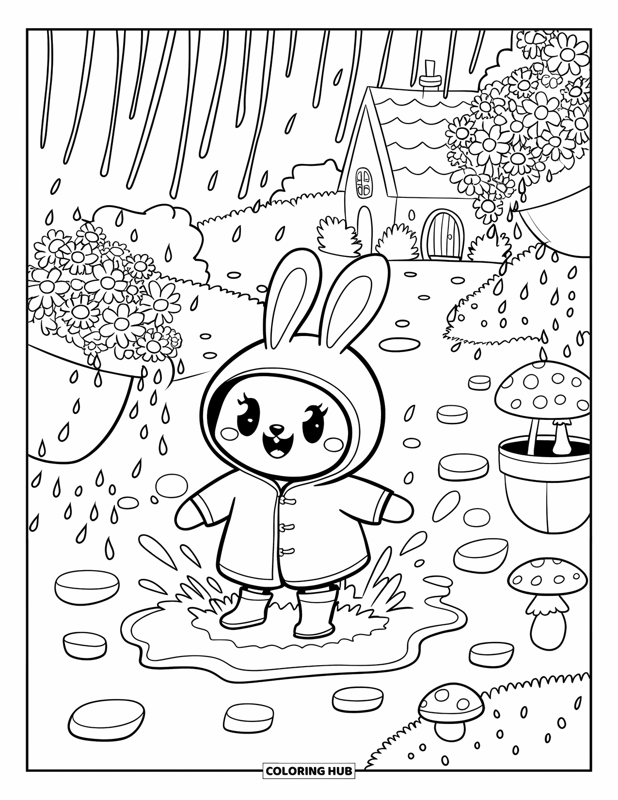 Rain Coloring Page for Adults: A playful bunny in tiny boots splashes near mushrooms and flowerpots