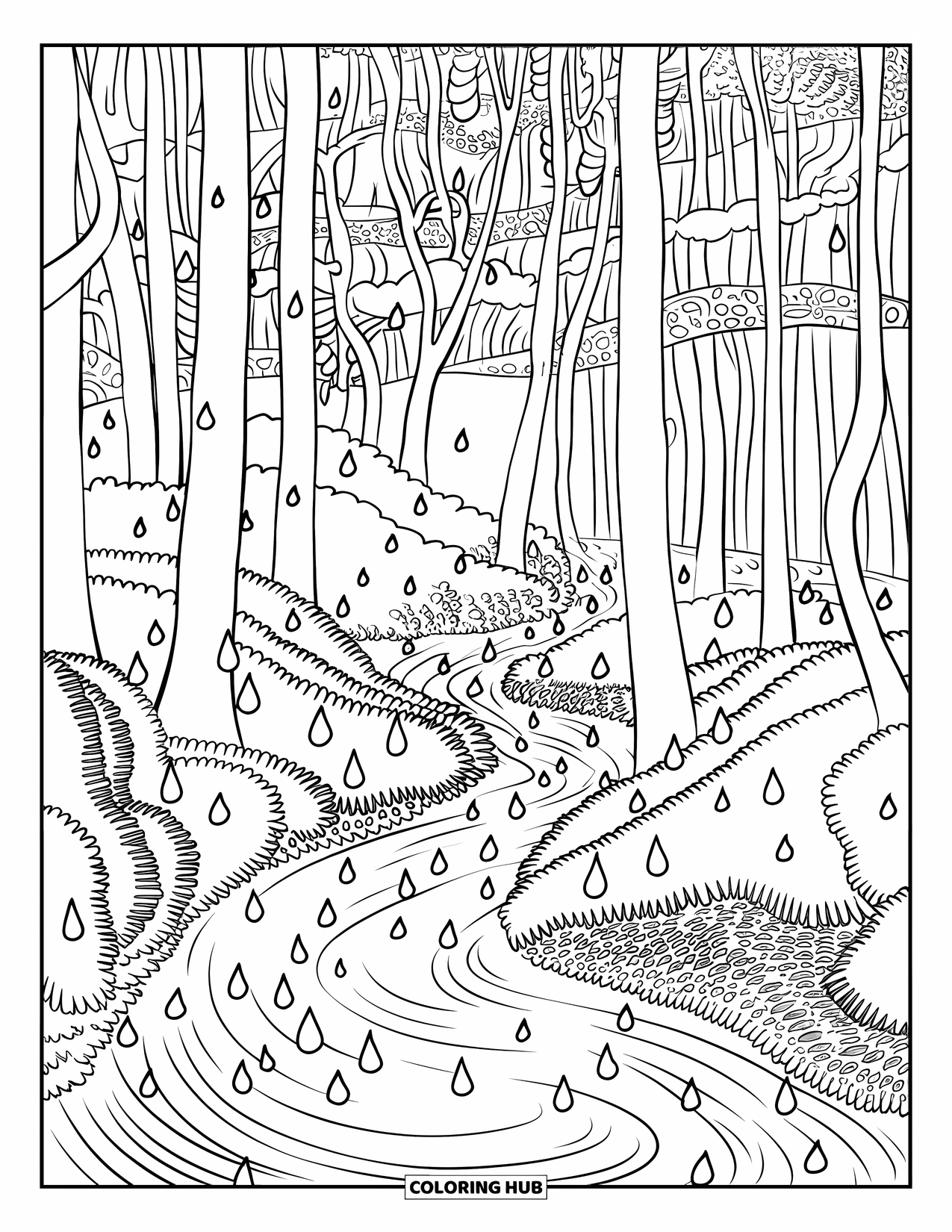 Rain Coloring Page for Adults: A rainy forest scene with a meandering stream and intricate tree patterns