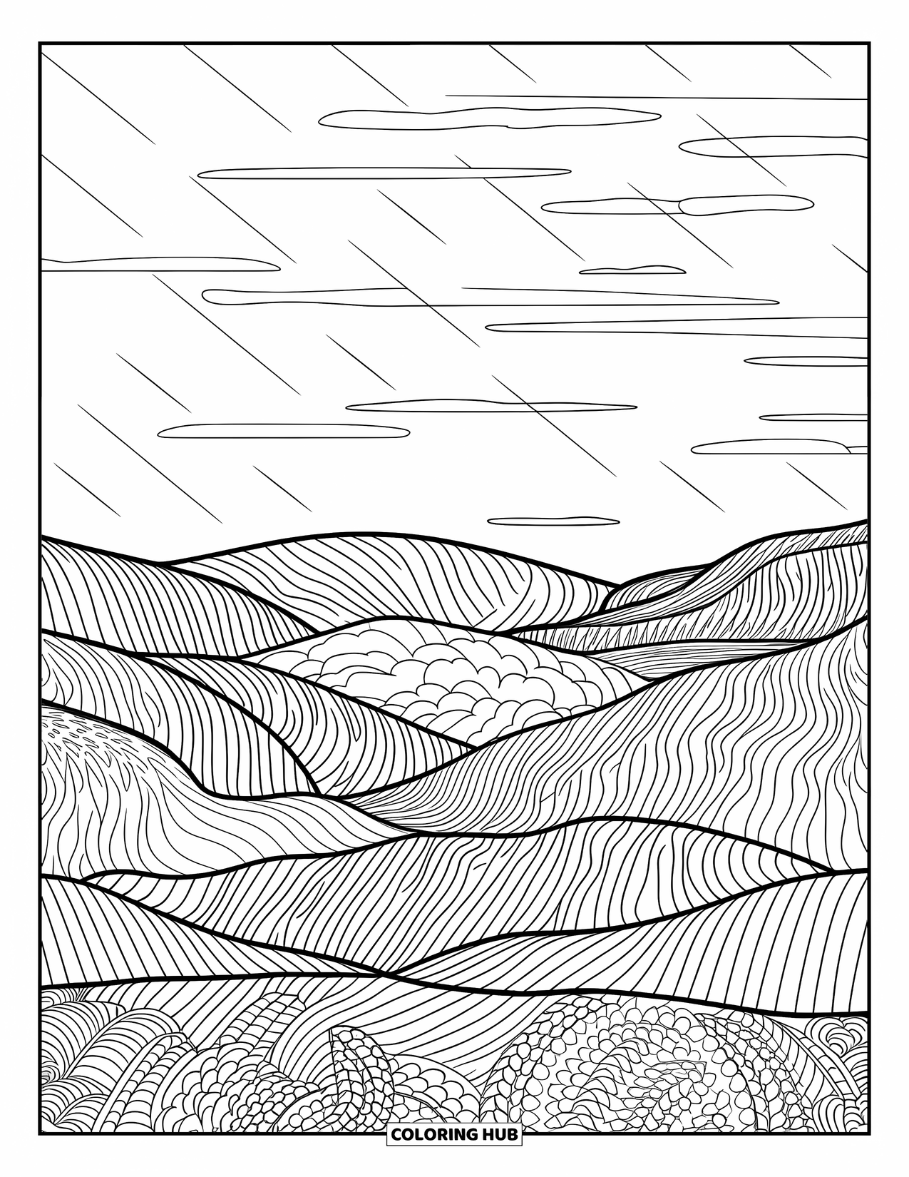 Rain Coloring Page for Adults: A serene landscape of misty hills, rain lines, and distant patterns