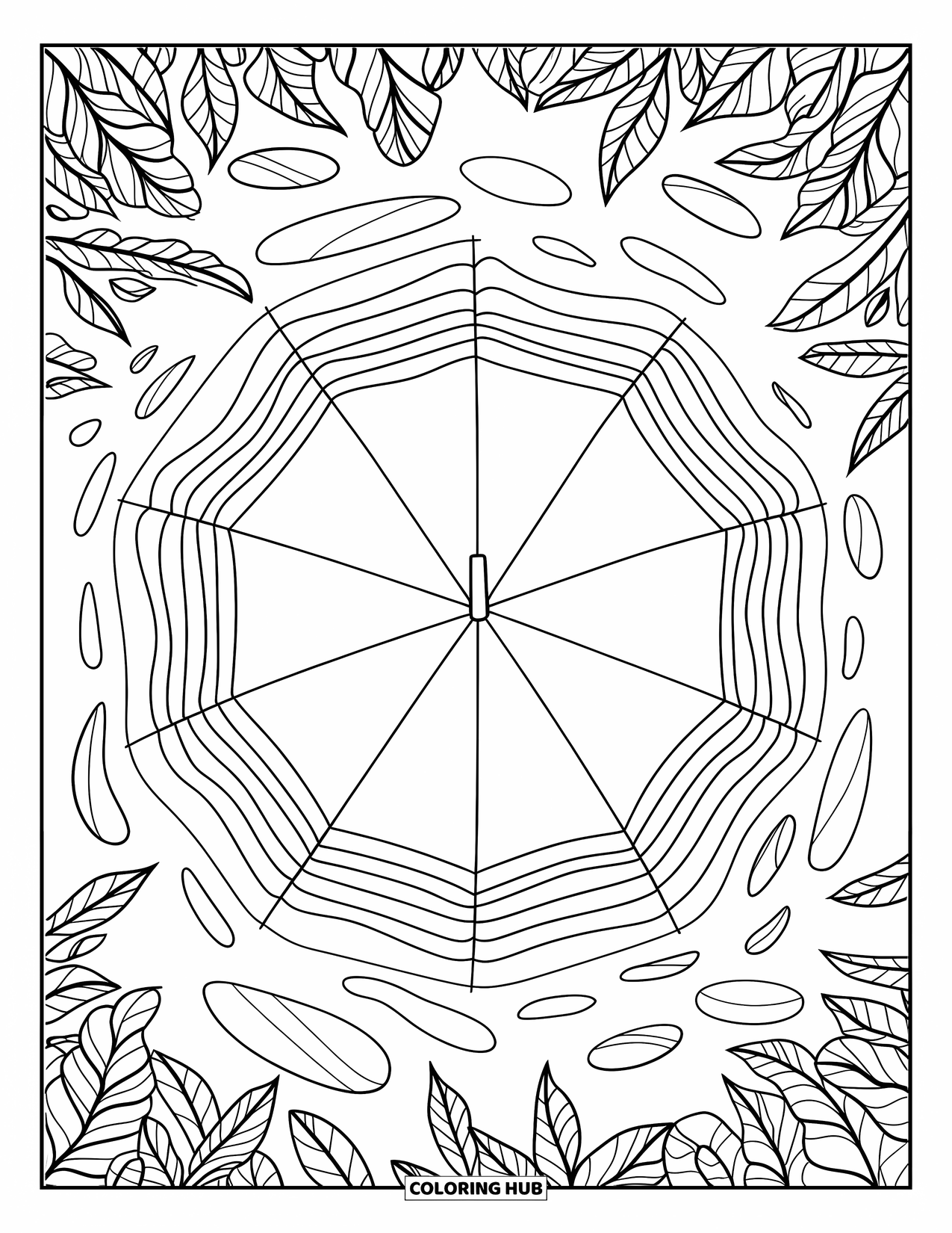 Rain Coloring Page for Adults: An open umbrella surrounded by puddles and leaves on the ground