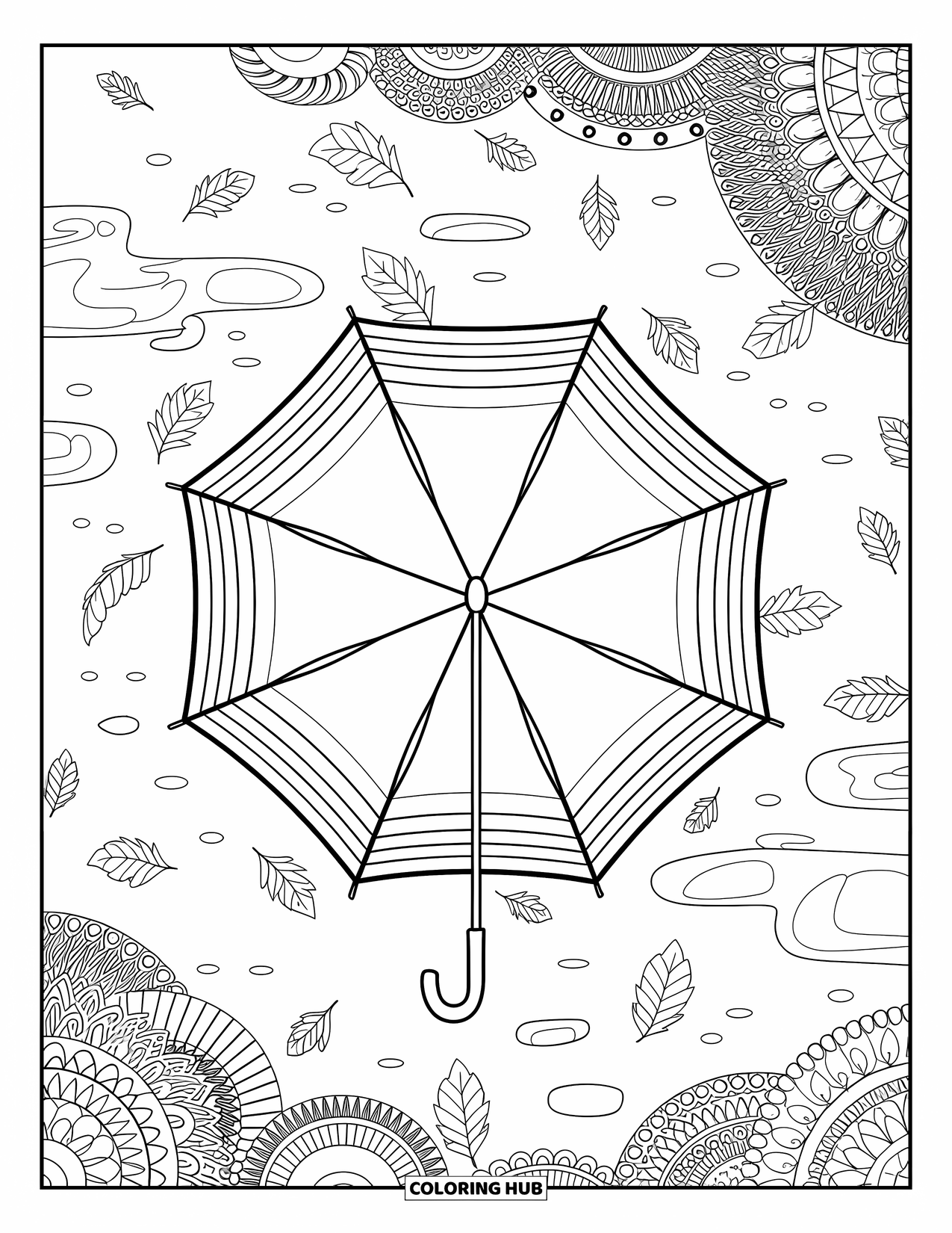 Rain Coloring Page for Adults: An umbrella seen from above surrounded by puddles and fallen leaves