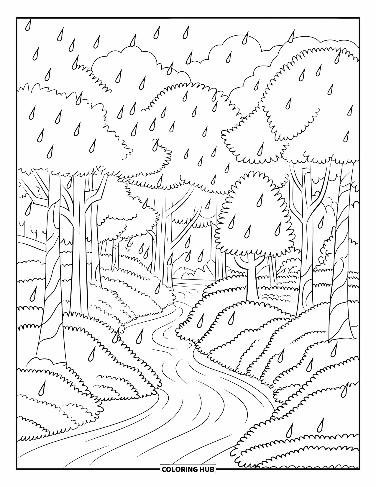 Rain Coloring Page for Adults: Raindrops ripple through a forest stream surrounded by tall trees