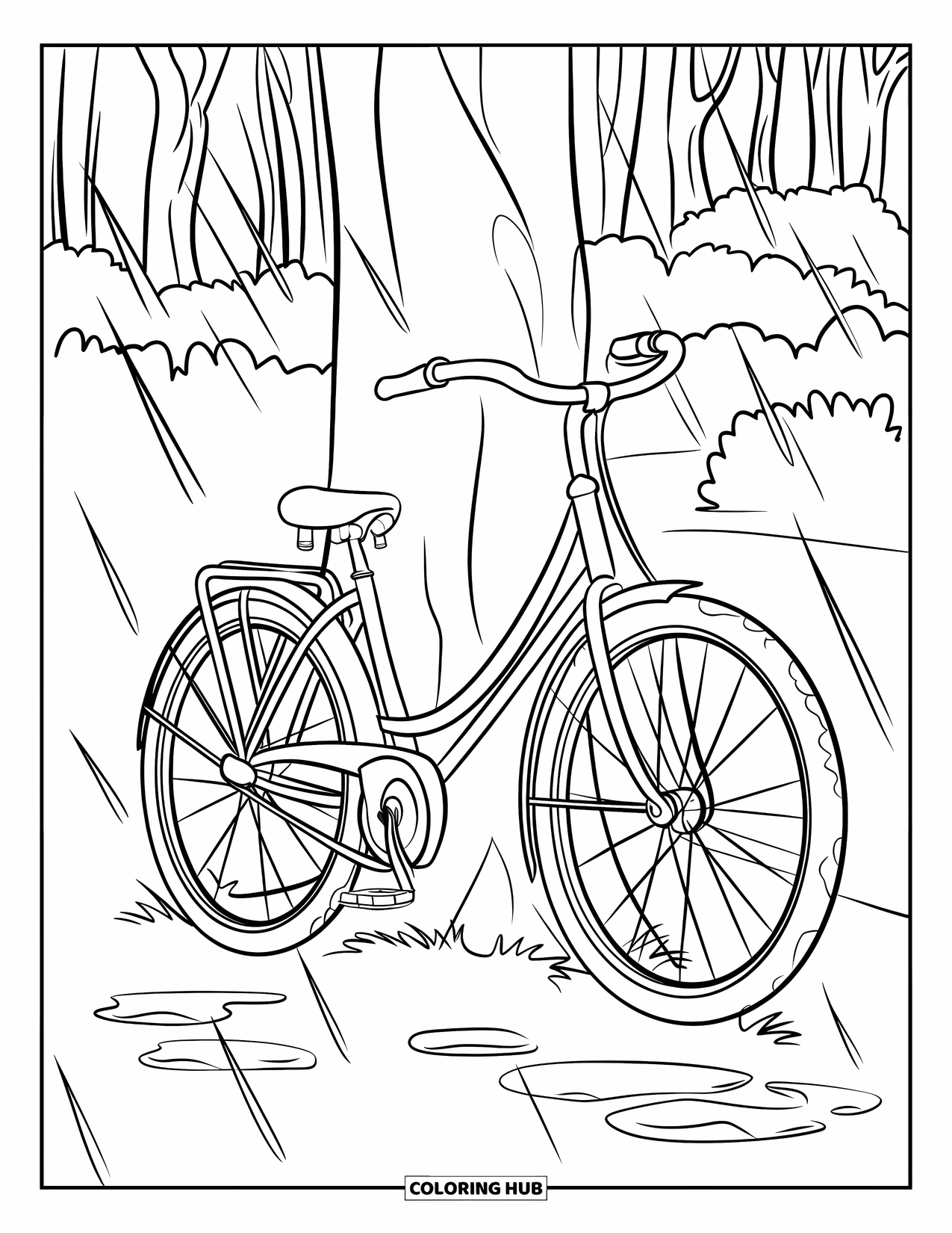 Rain Coloring Page for Kids: A bicycle by a tree with small puddles after gentle rain
