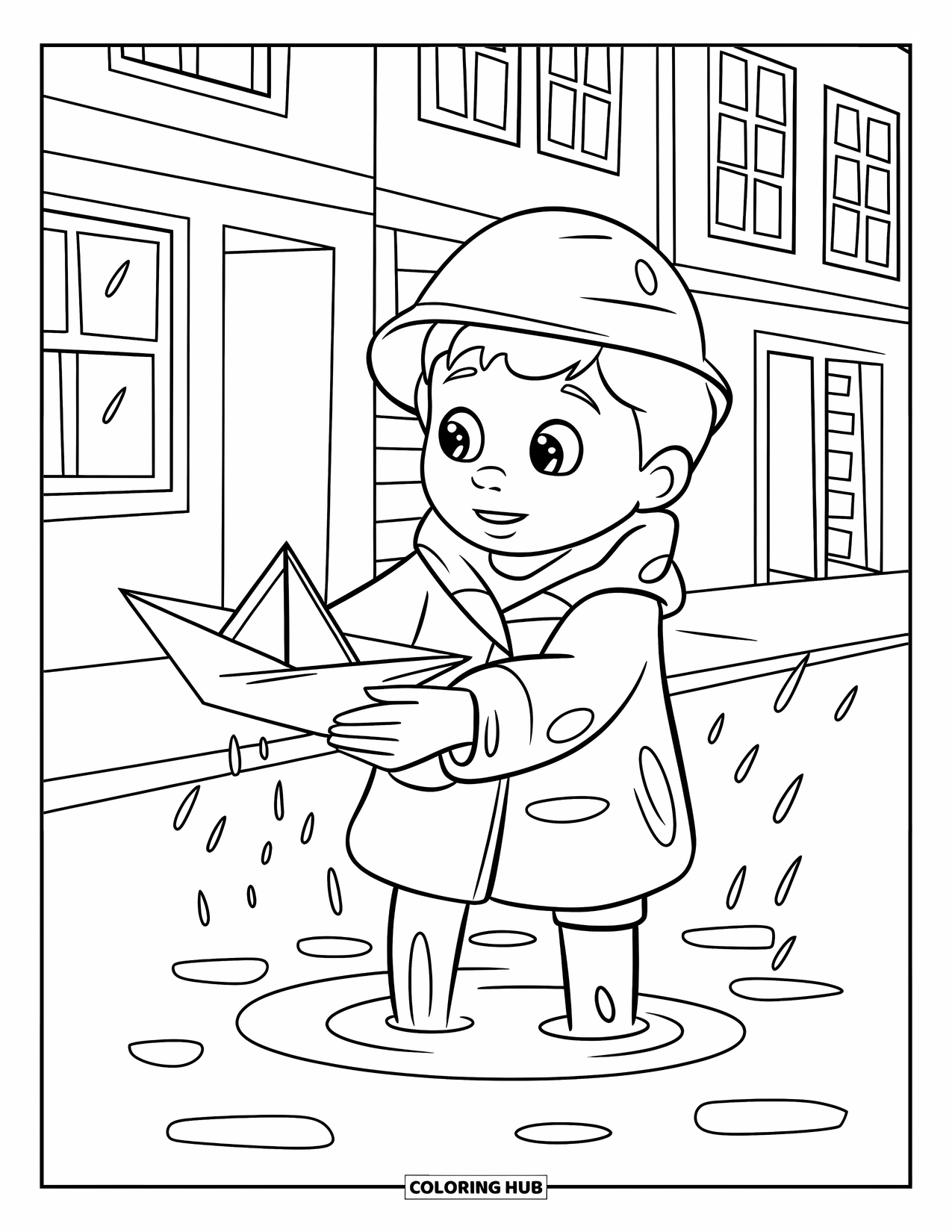 Rain Coloring Page for Kids: A boy in a raincoat plays with a paper boat in puddles