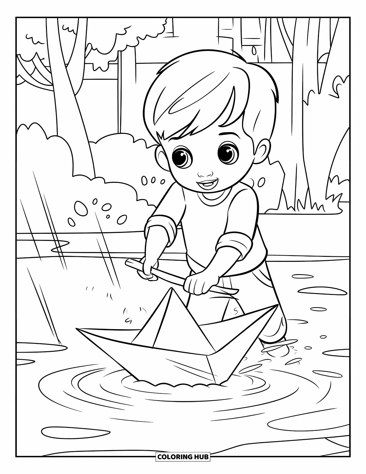 Rain Coloring Page for Kids: A boy launches a paper boat in a puddle beside trees