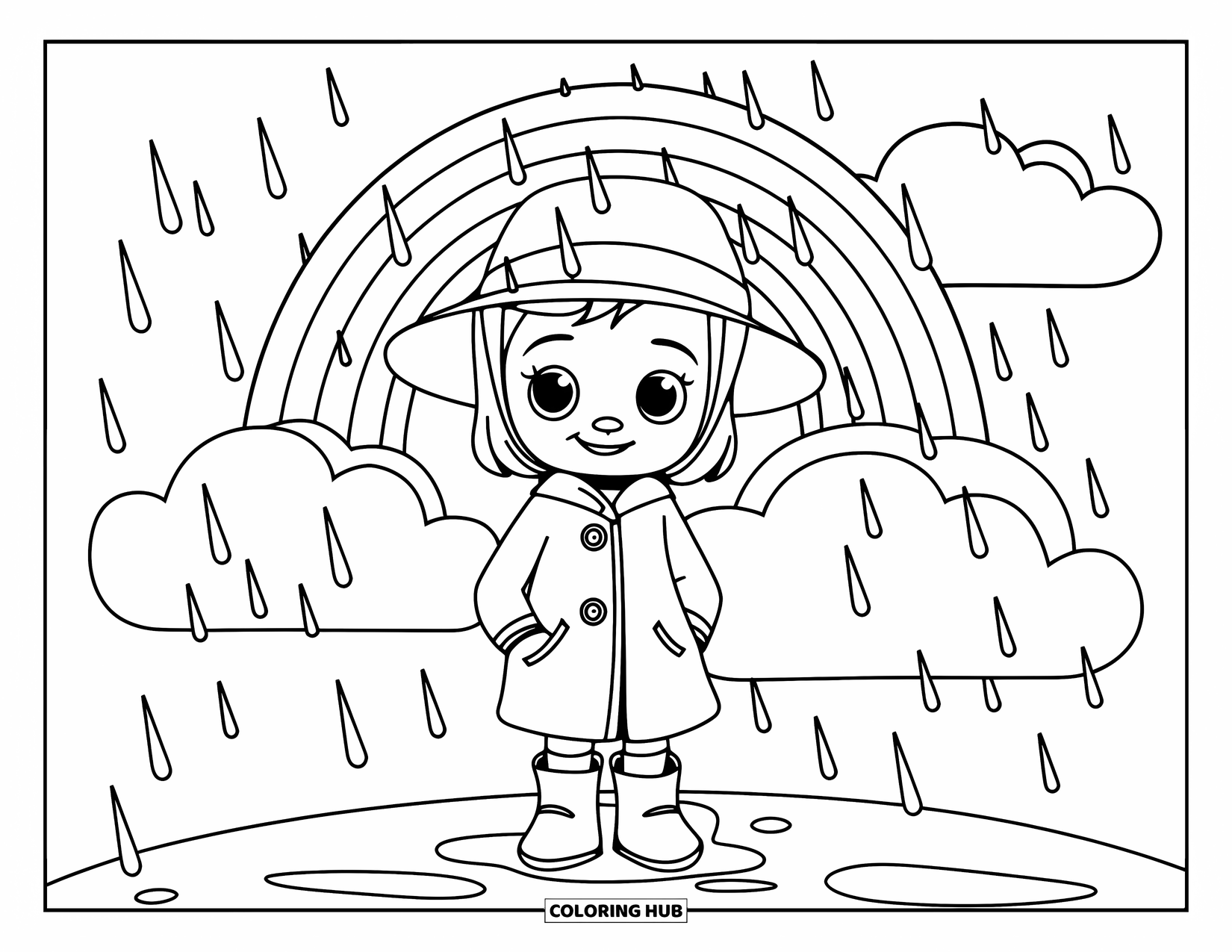 Rain Coloring Page for Kids: A cheerful child with a hat and boots stands under gentle rain