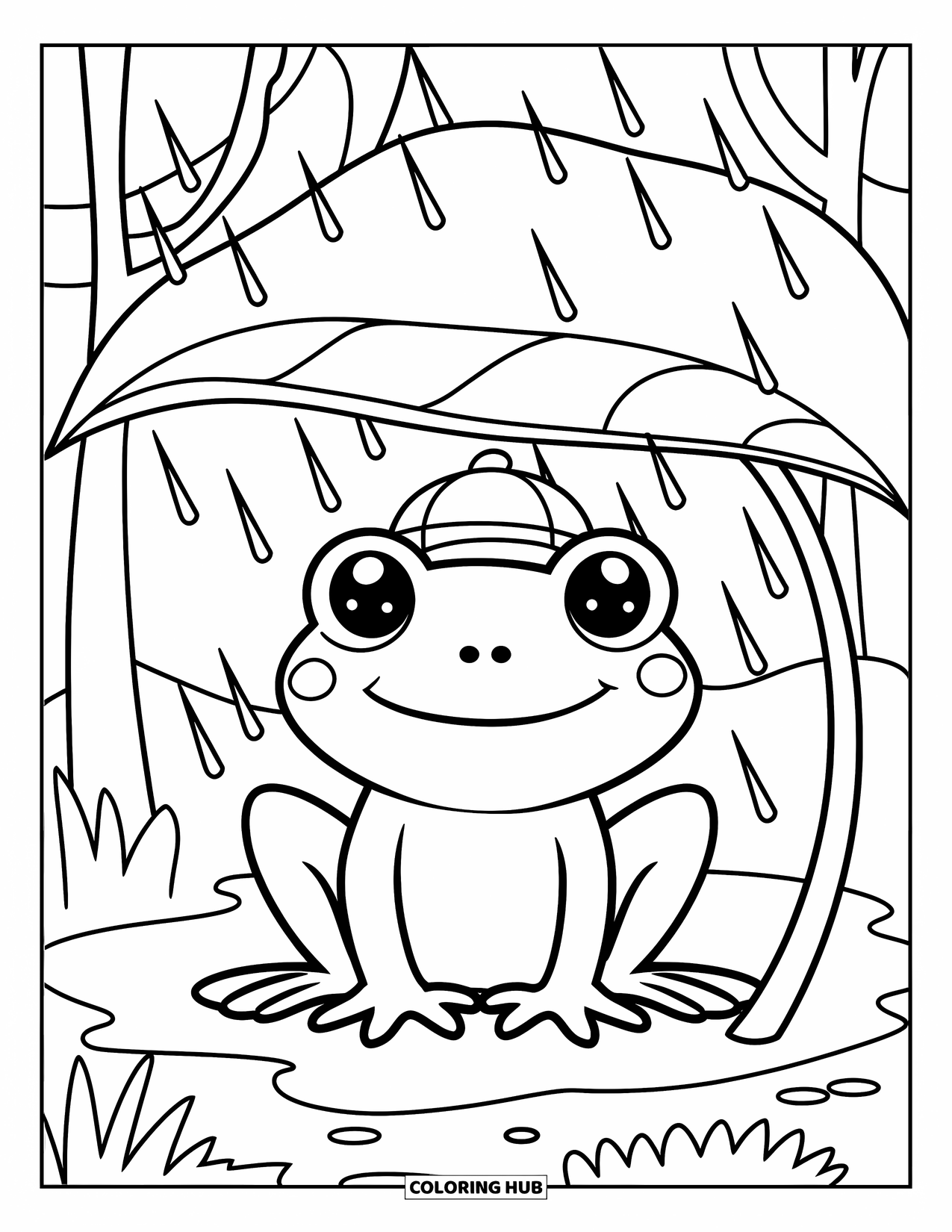 Rain Coloring Page for Kids: A cheerful frog with big eyes sits under a leaf during gentle rain