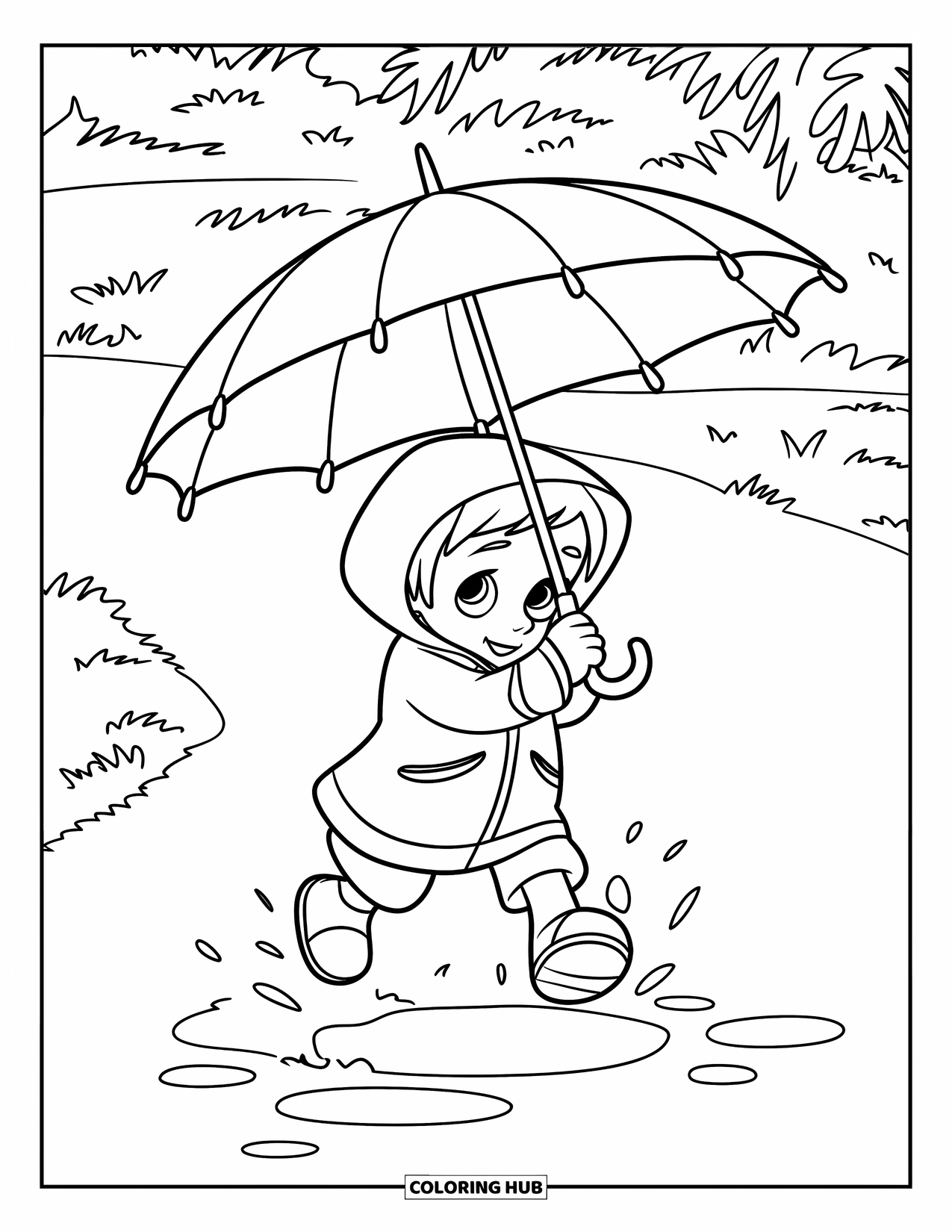 Rain Coloring Page for Kids: A child in a raincoat jumps over a puddle holding an umbrella