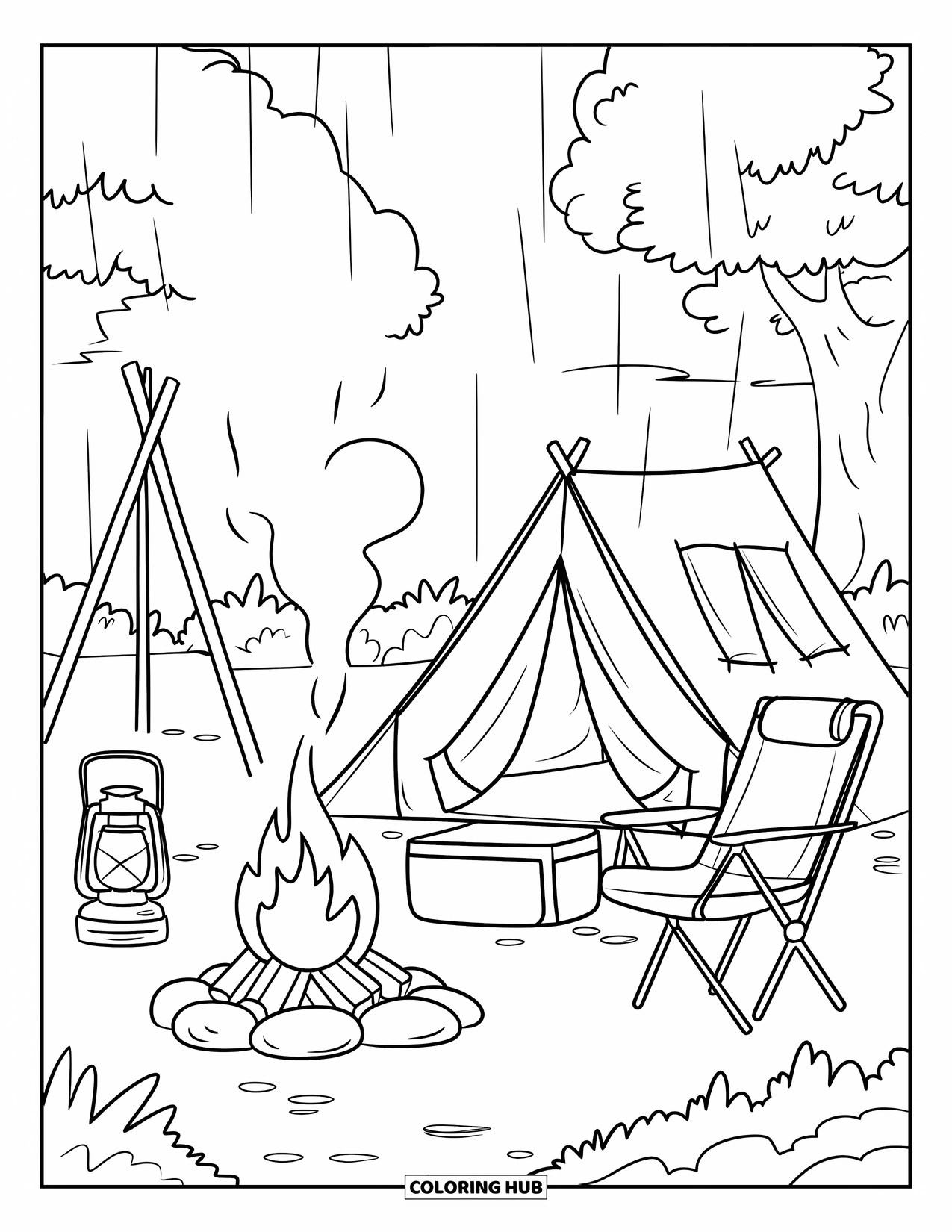 Rain Coloring Page for Kids: A cozy tent in light rain with a campfire and camping gear nearby