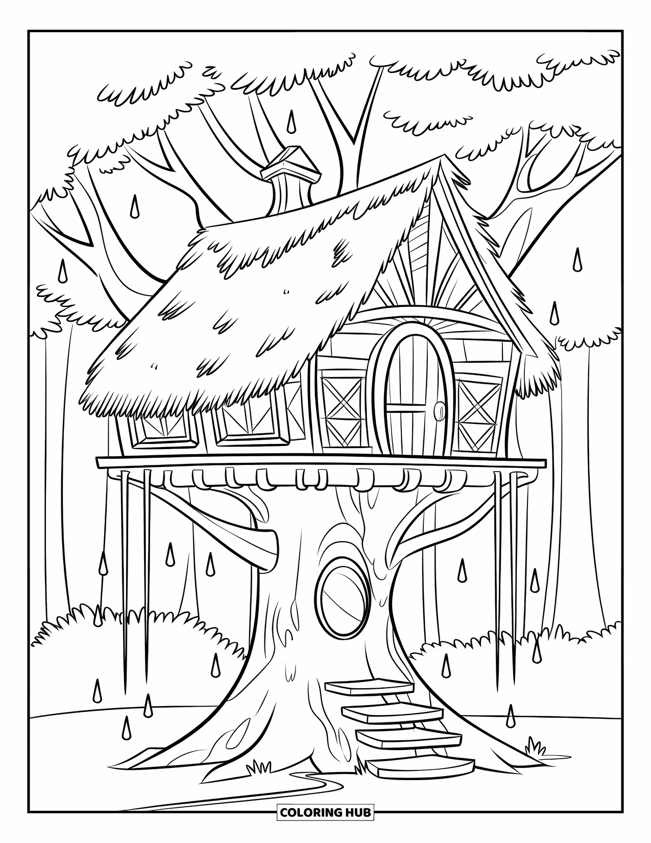 Rain Coloring Page for Kids: A cozy treehouse built into a large tree with raindrops falling