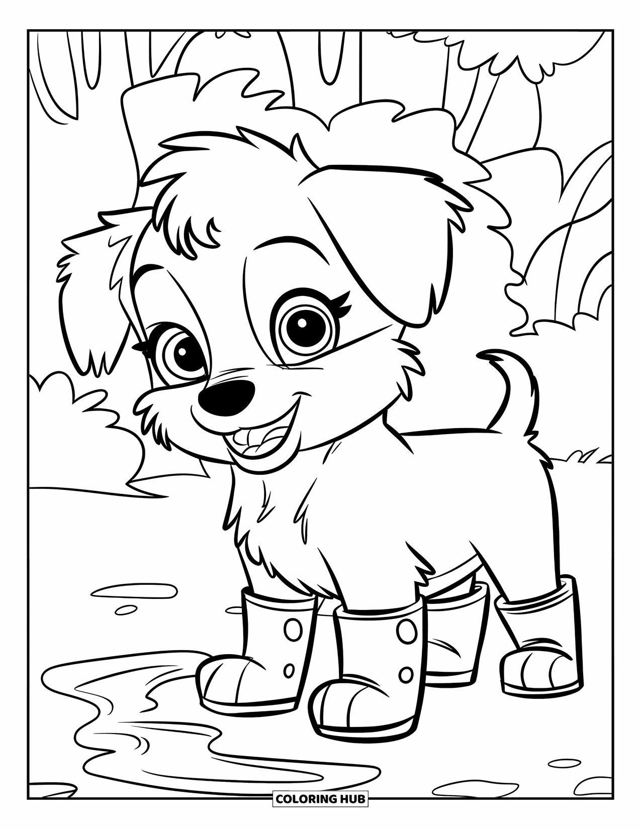 Rain Coloring Page for Kids: A fluffy puppy in boots standing by a puddle under trees