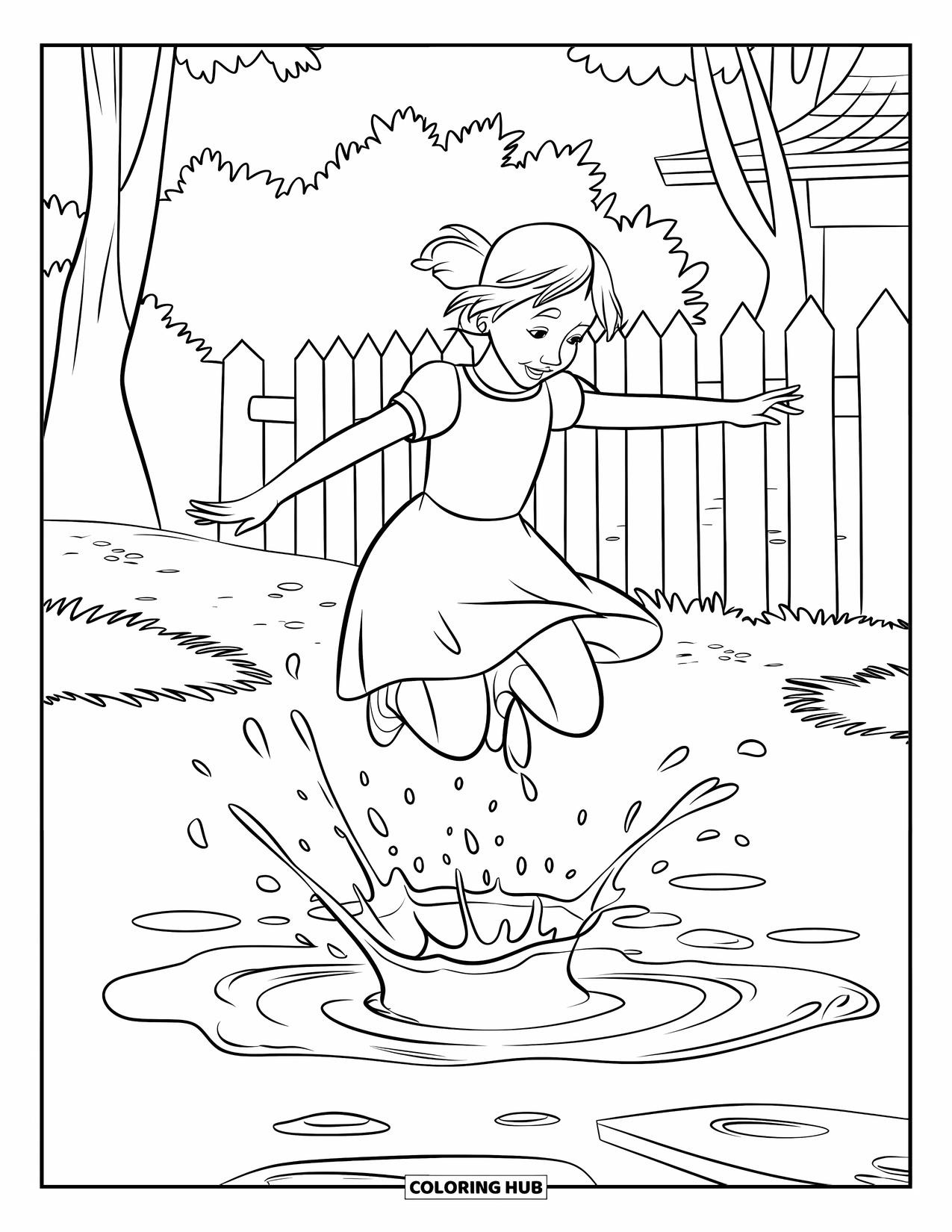 Rain Coloring Page for Kids: A girl joyfully jumping into a puddle with splashing water around her