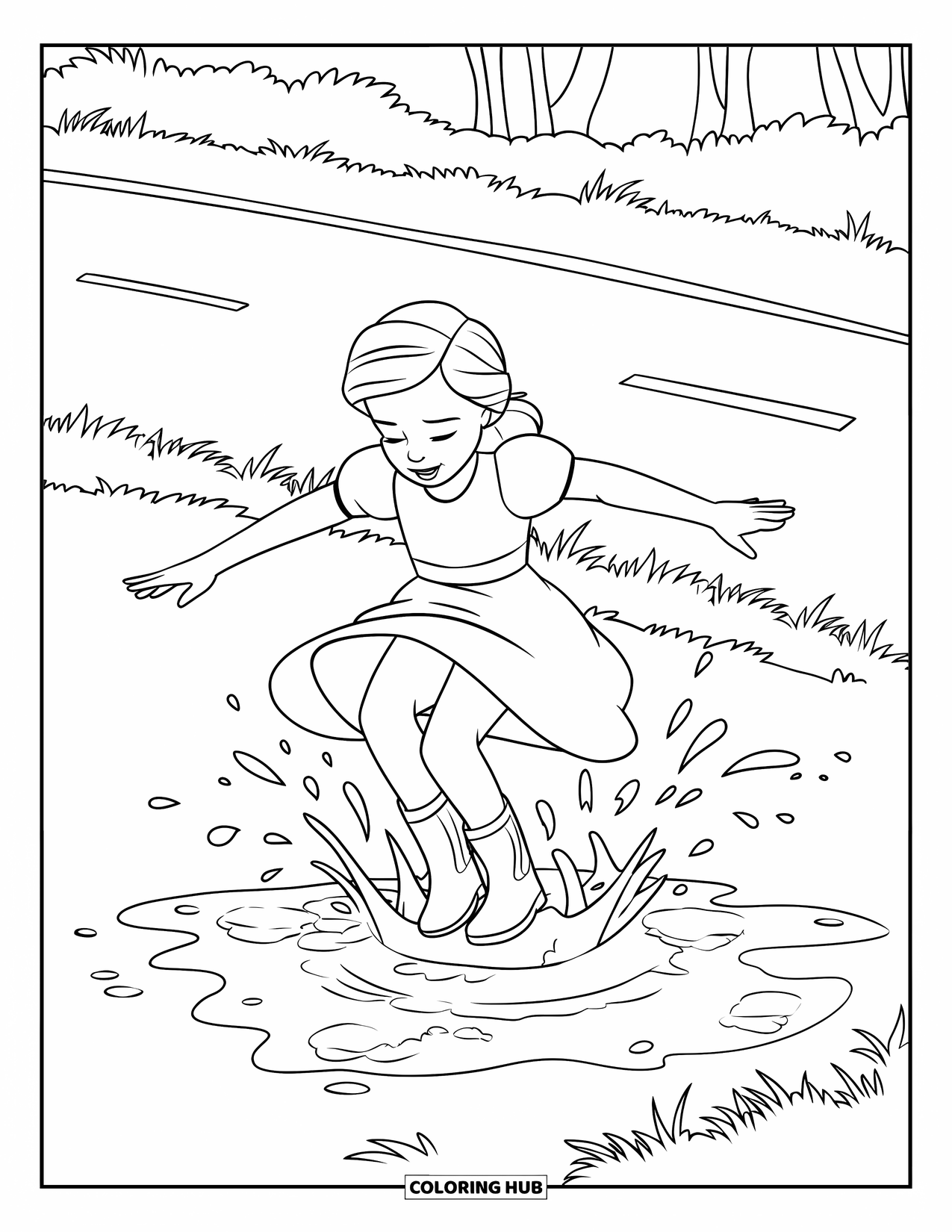 Rain Coloring Page for Kids: A happy girl jumping into a puddle surrounded by grass and trees