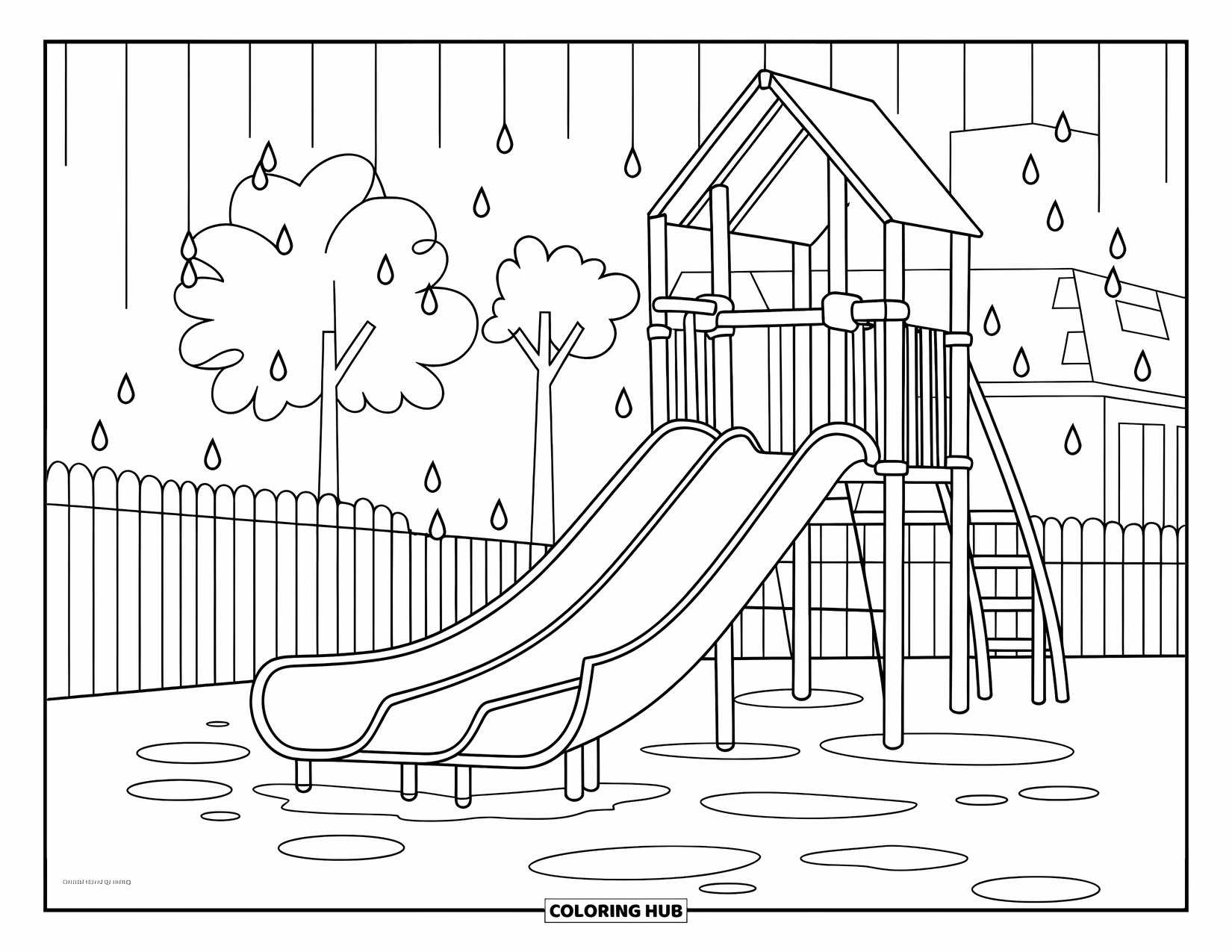 Rain Coloring Page for Kids: A playground slide with puddles forming beneath it as rain falls